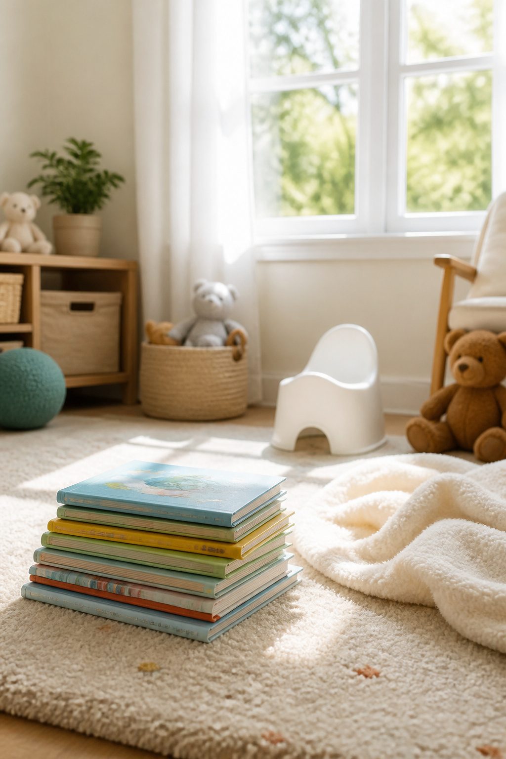 A stack of colorful potty training books on a soft rug.