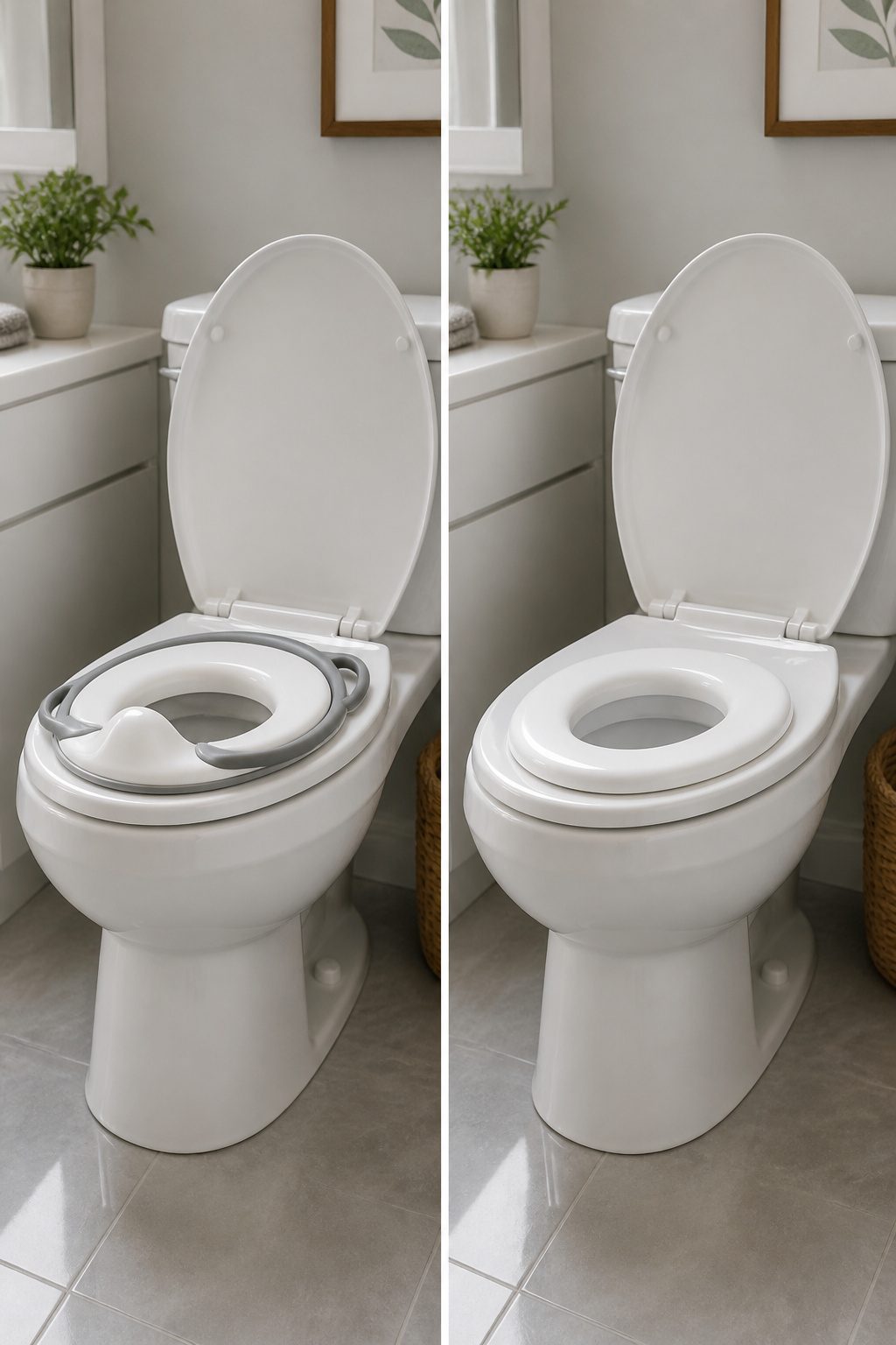 A toilet training seat clipped onto an adult toilet.