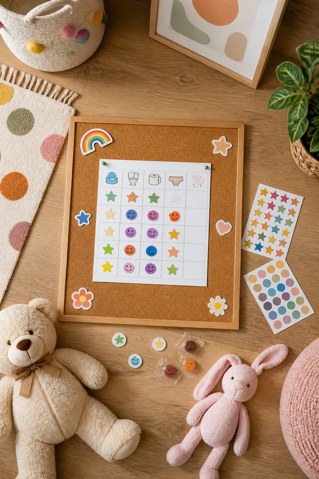 Stickers and small treats displayed as part of a rewards system.