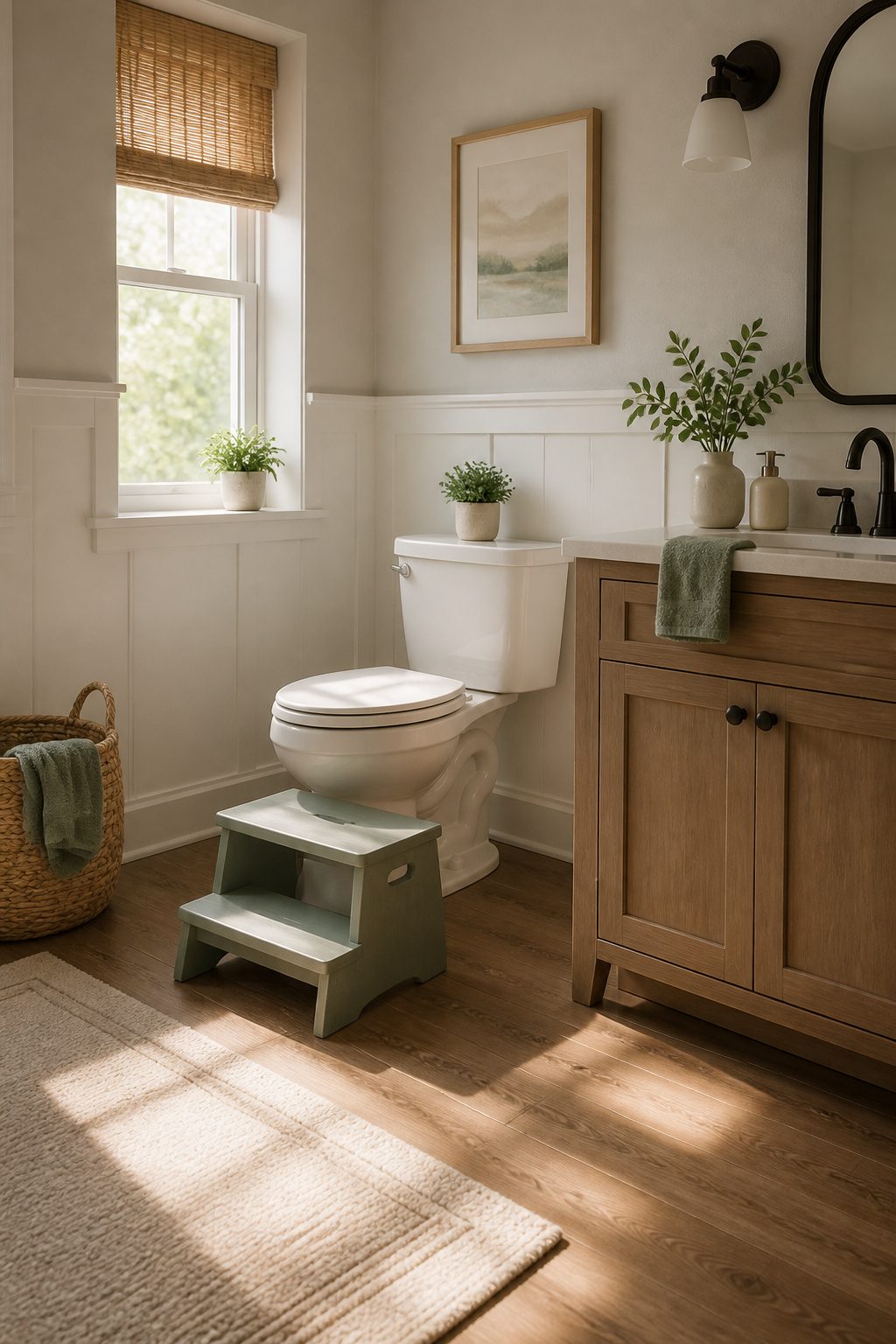A two-step stool designed for toddlers to access the toilet.
