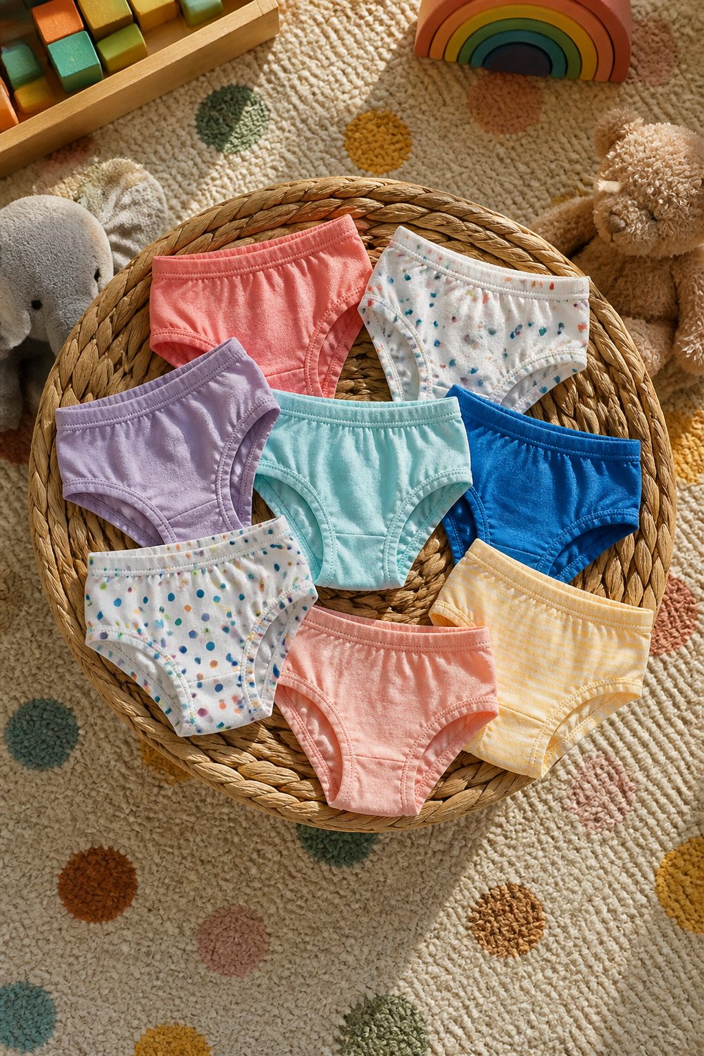A stack of cotton toddler underwear in various colors.