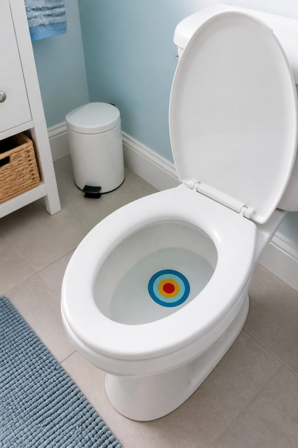 A bright sticker target fixed to the bottom of a toilet bowl.