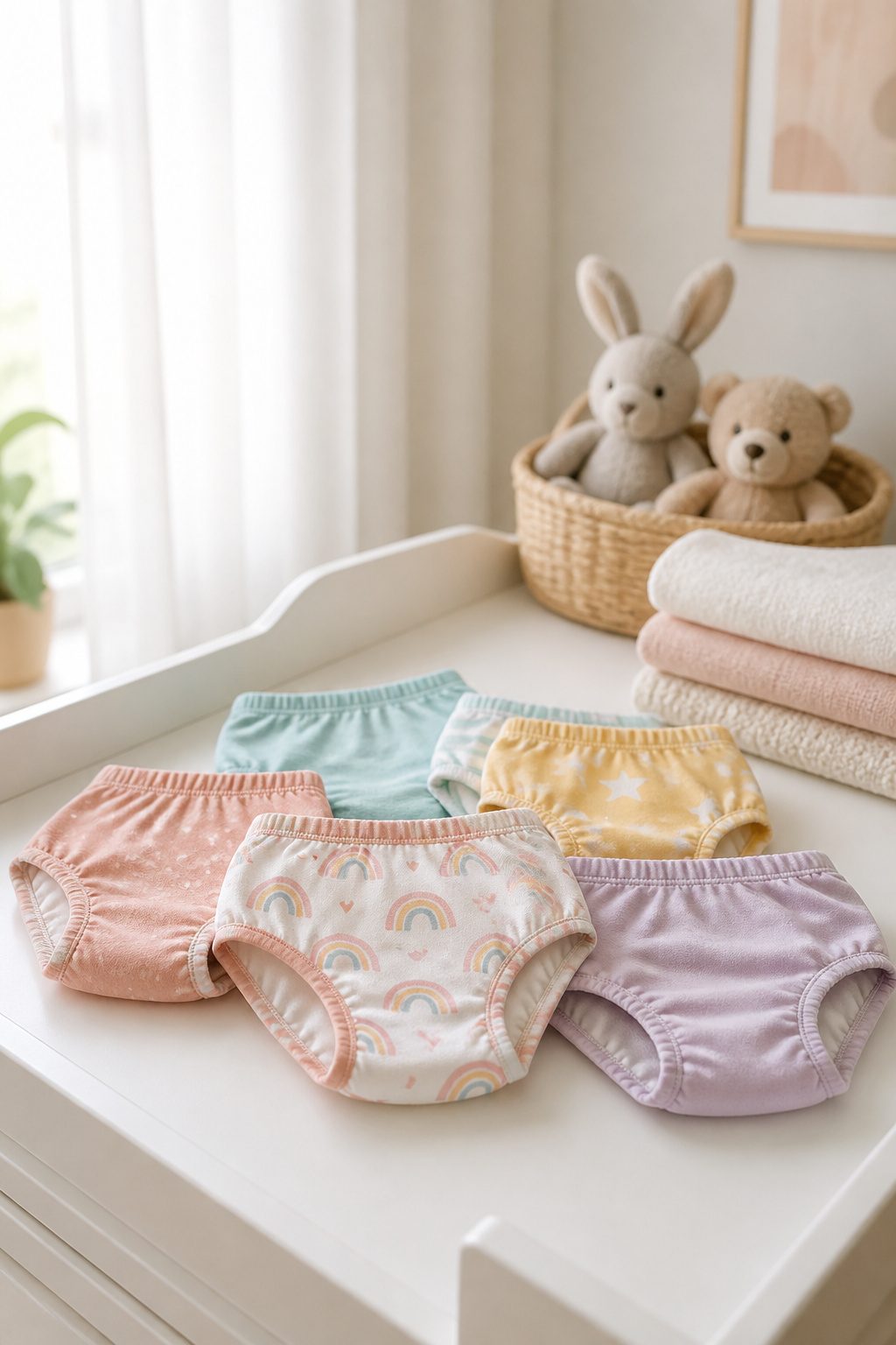 A display of colorful training pants on a changing table.