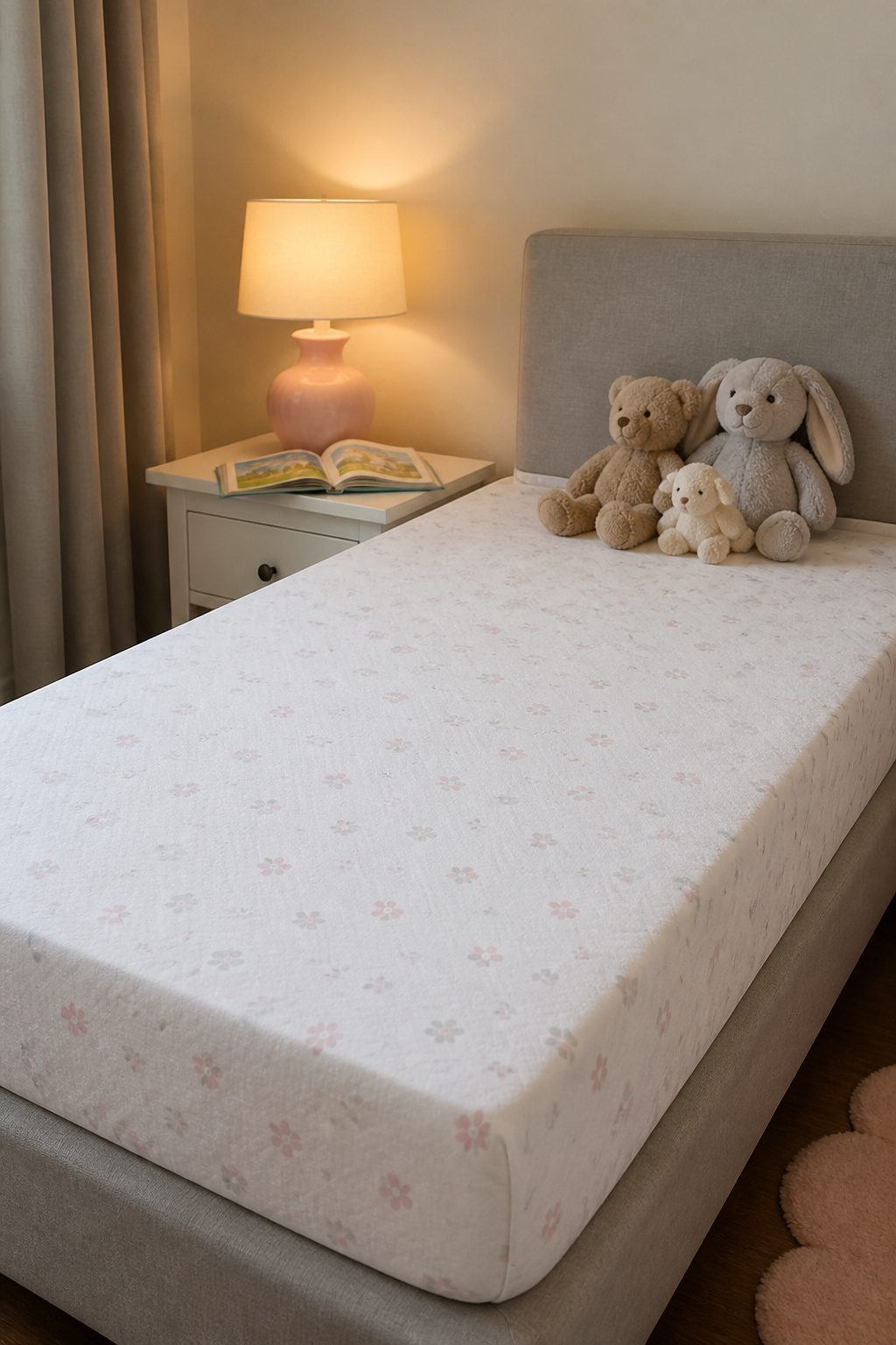 A waterproof mattress cover neatly placed on a child's bed.