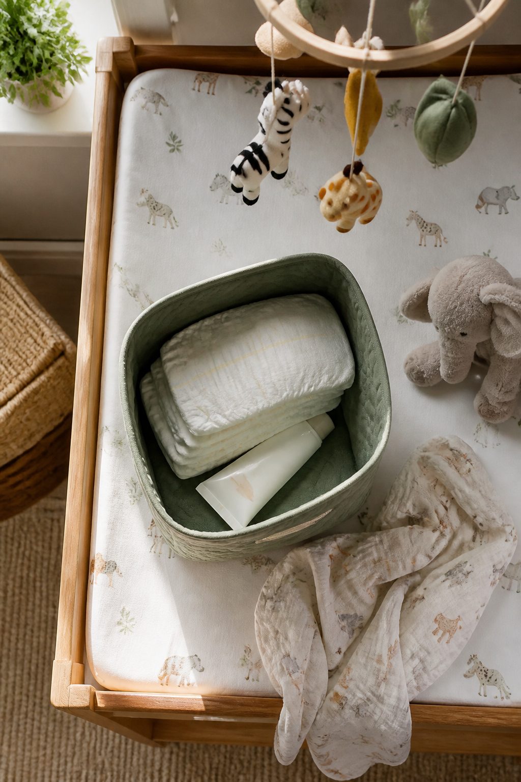 Diapers and a pouch of baby wipes are neatly organized for preschool use.