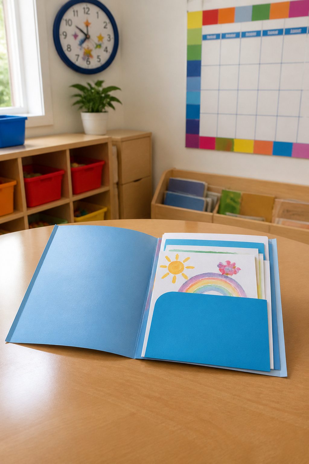 An open folder displaying organized papers and art projects on a table.