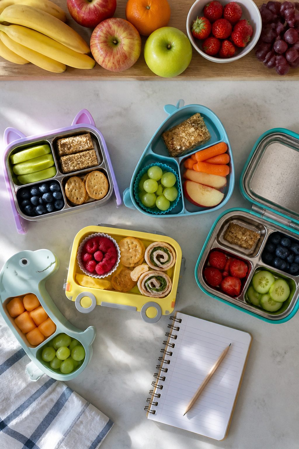 Containers of simple snacks ready for preschool, placed on a kitchen counter.