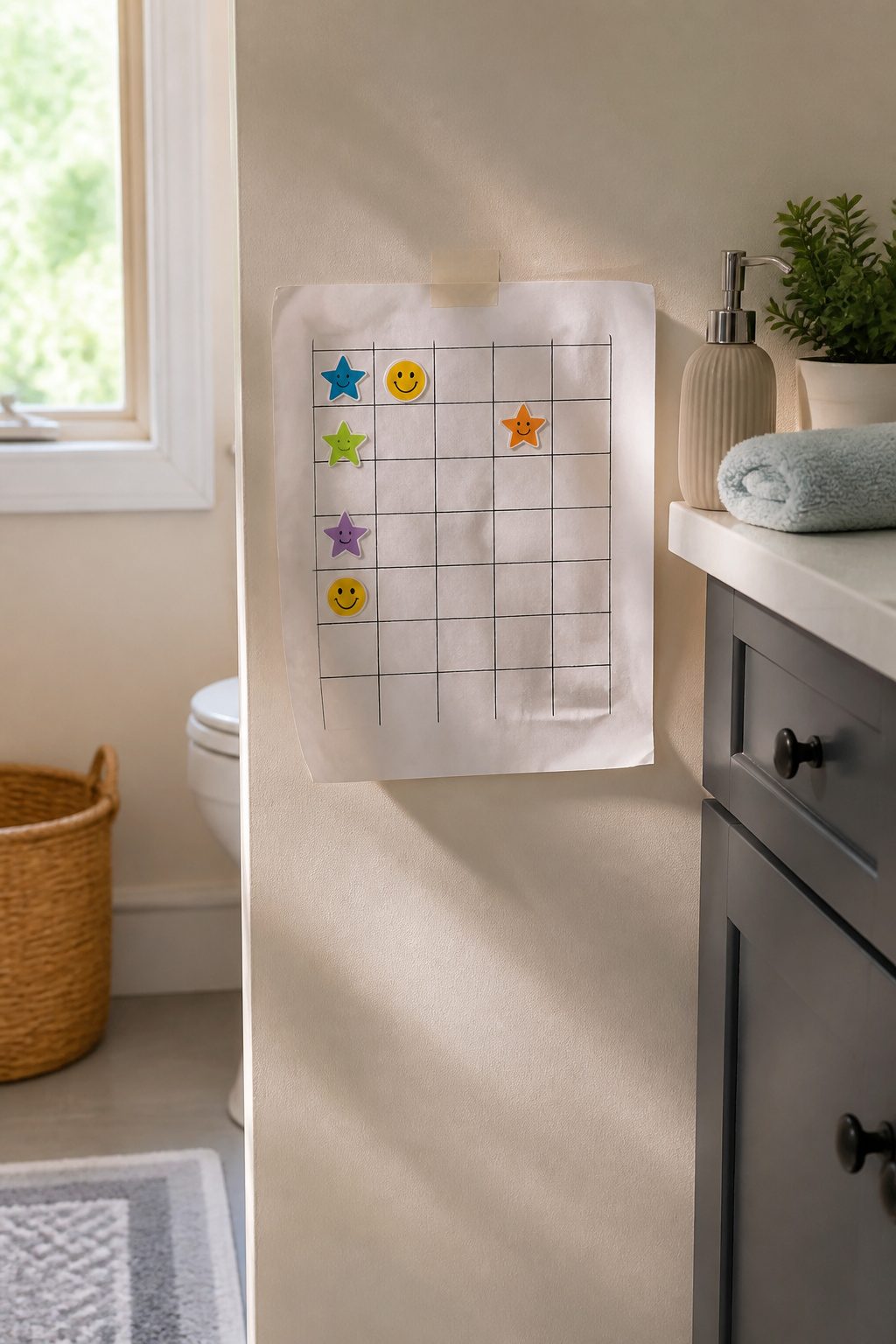 A handwritten basic grid potty training chart with stickers.
