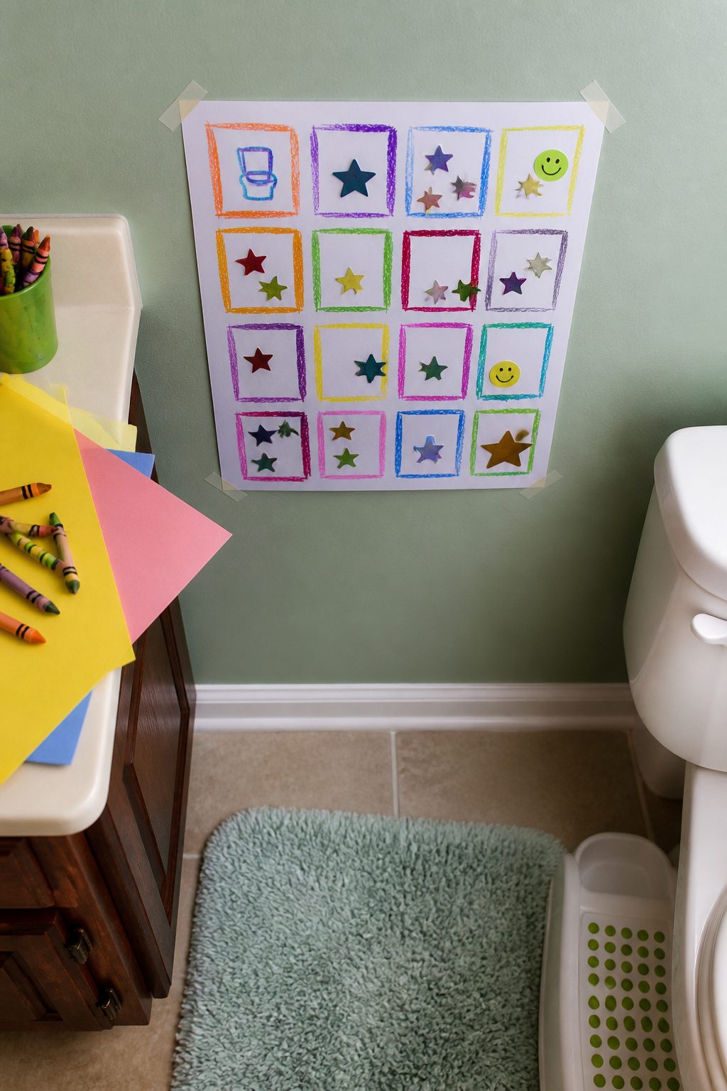 A handmade potty chart decorated with crayons and stickers.