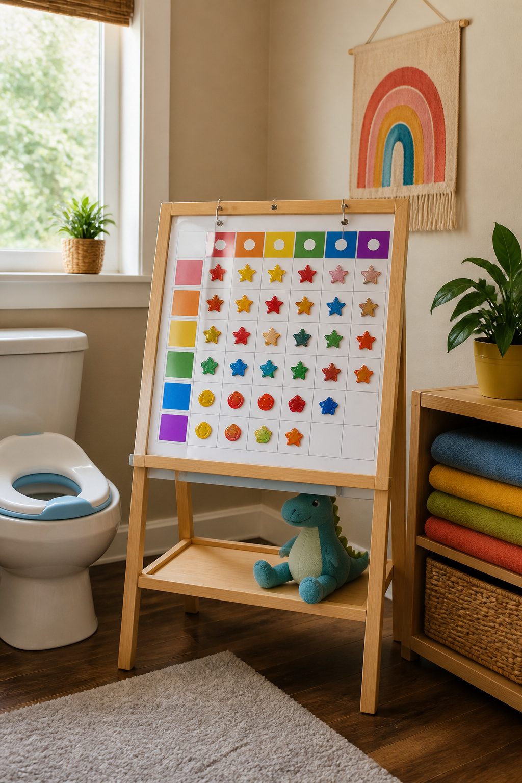 A colorful laminated reward chart with stickers for potty training.