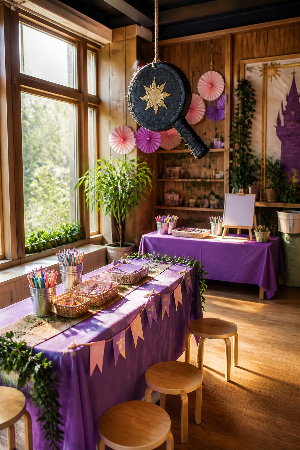 Craft tables with supplies and a frying pan piñata hanging above.