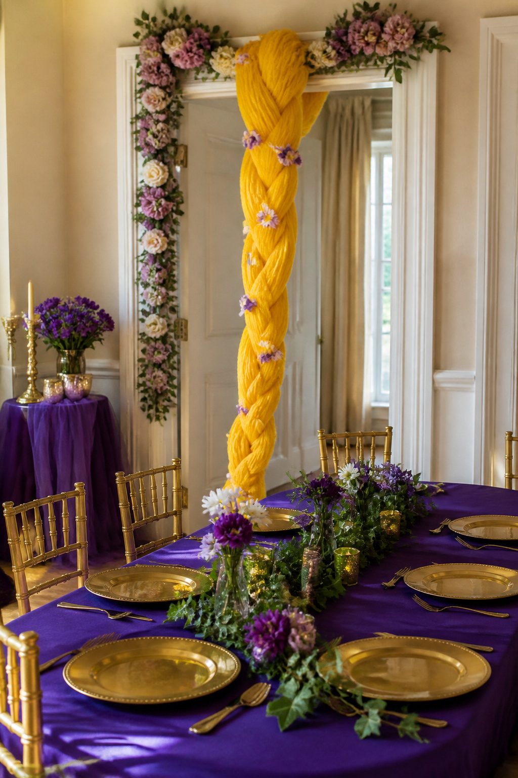 Yellow yarn braid and purple tablecloth in a decorated party space.