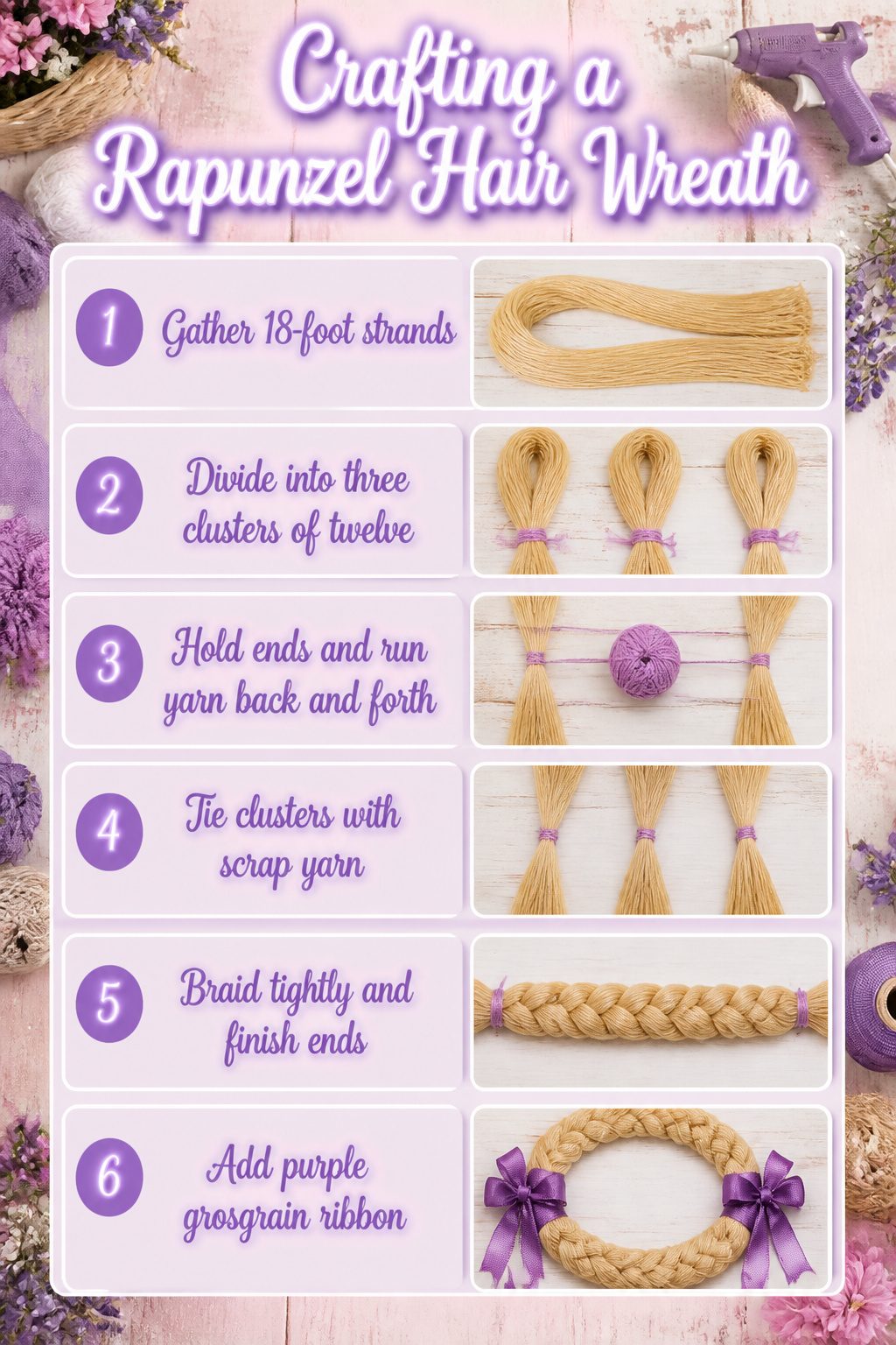 Instructions for making a Rapunzel hair wreath with yellow yarn.