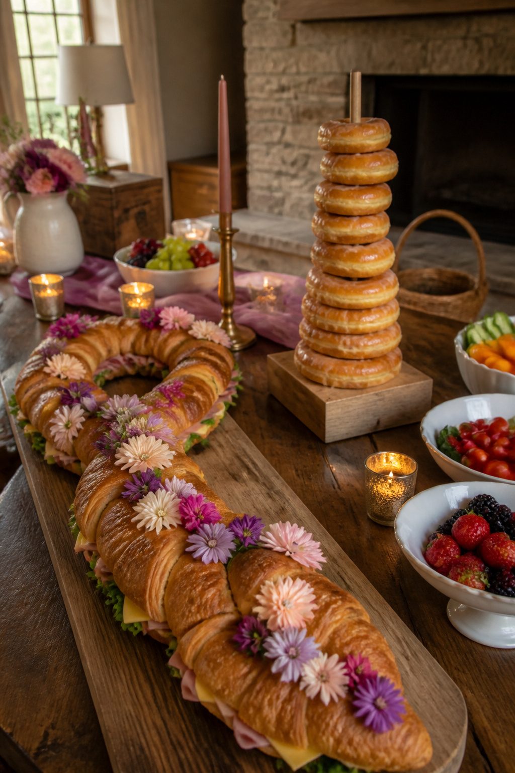 Braided croissant sandwiches and donuts arranged on a wooden table.
