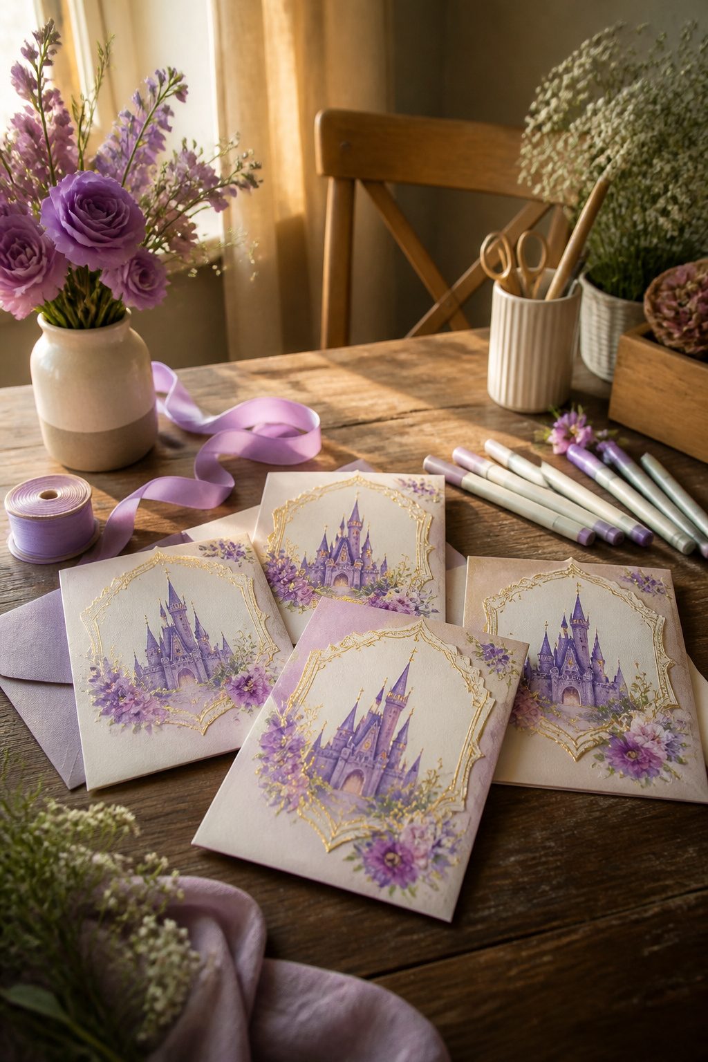 DIY invitations inspired by Rapunzel's world displayed on a wooden table.