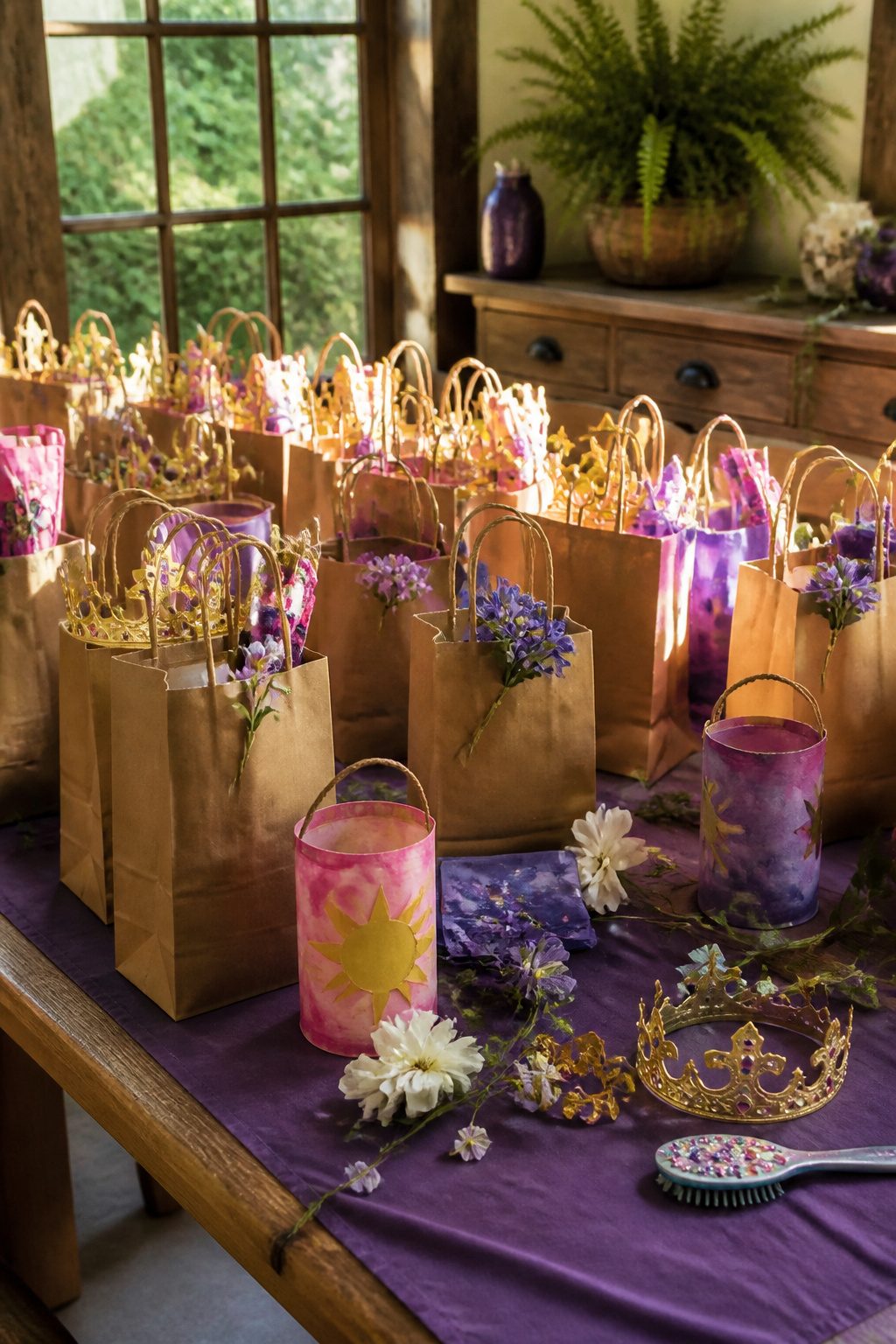 Brown lunch sacks filled with crowns, hair clips, and watercolor lanterns.