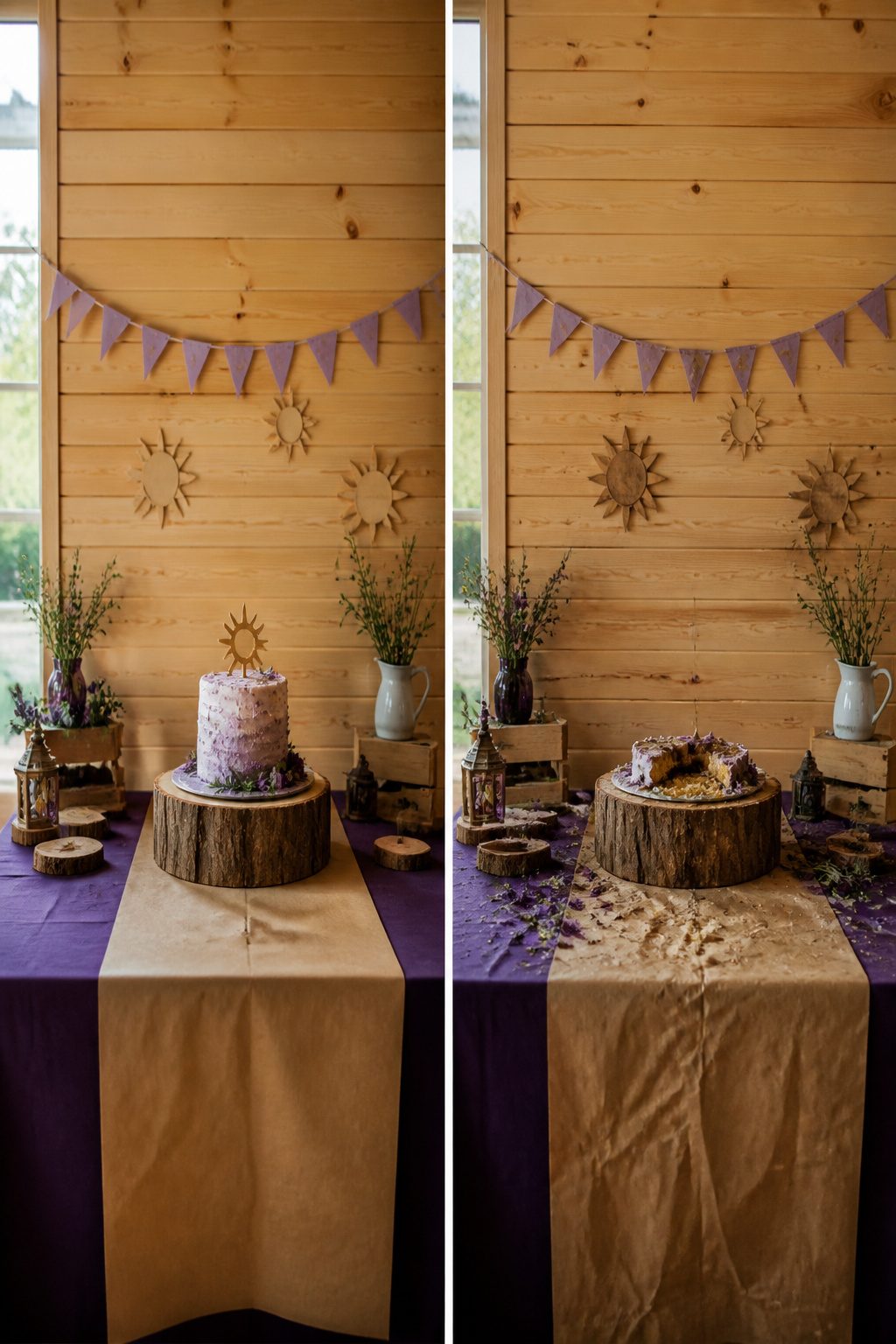Rustic decorations with wood and earth tones for a Rapunzel party.
