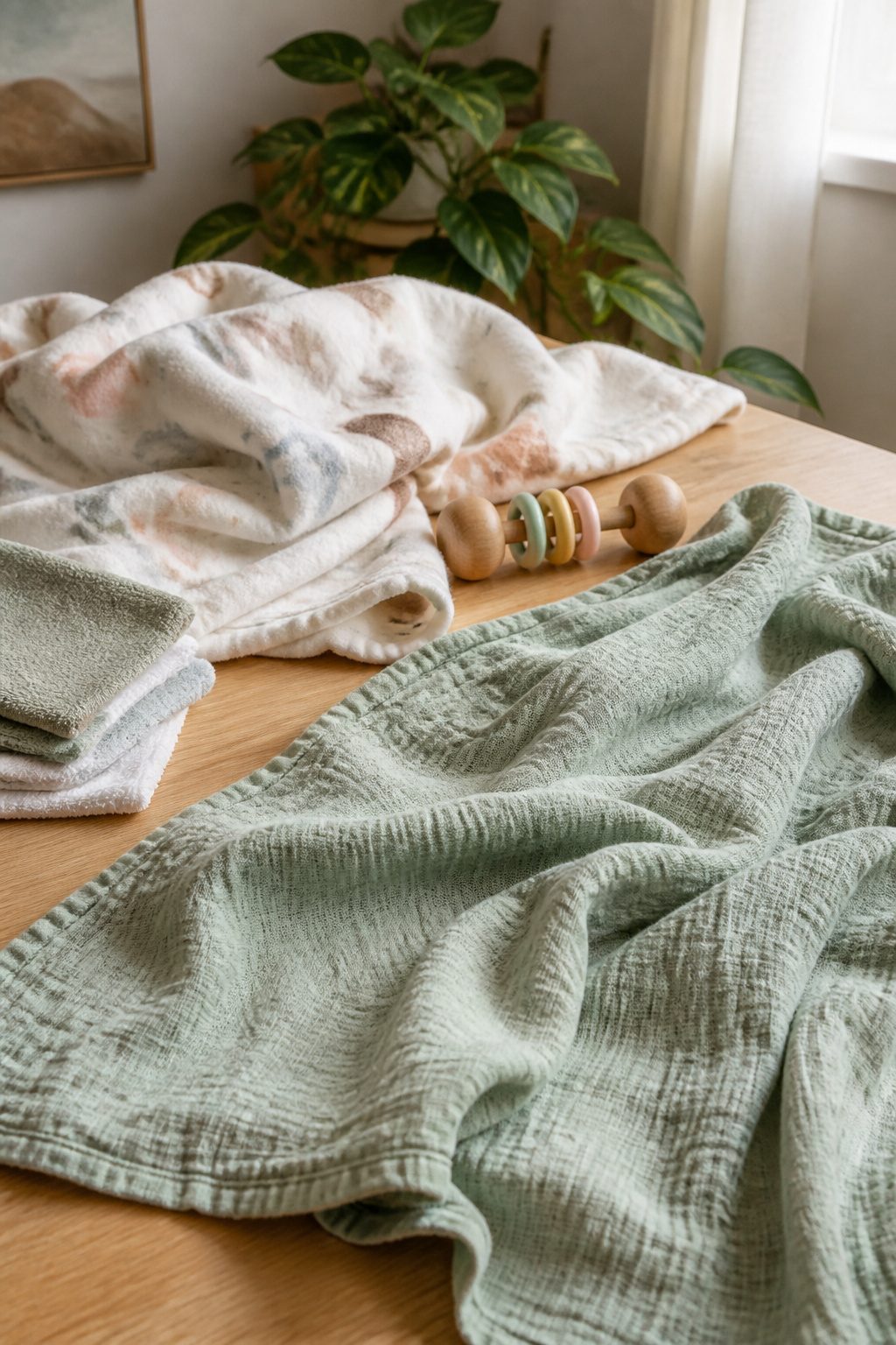 Receiving Blanket vs Swaddle Blanket: 5 Differences That Actually Matter 3 Close-up of a swaddle blanket and a receiving blanket on wood.