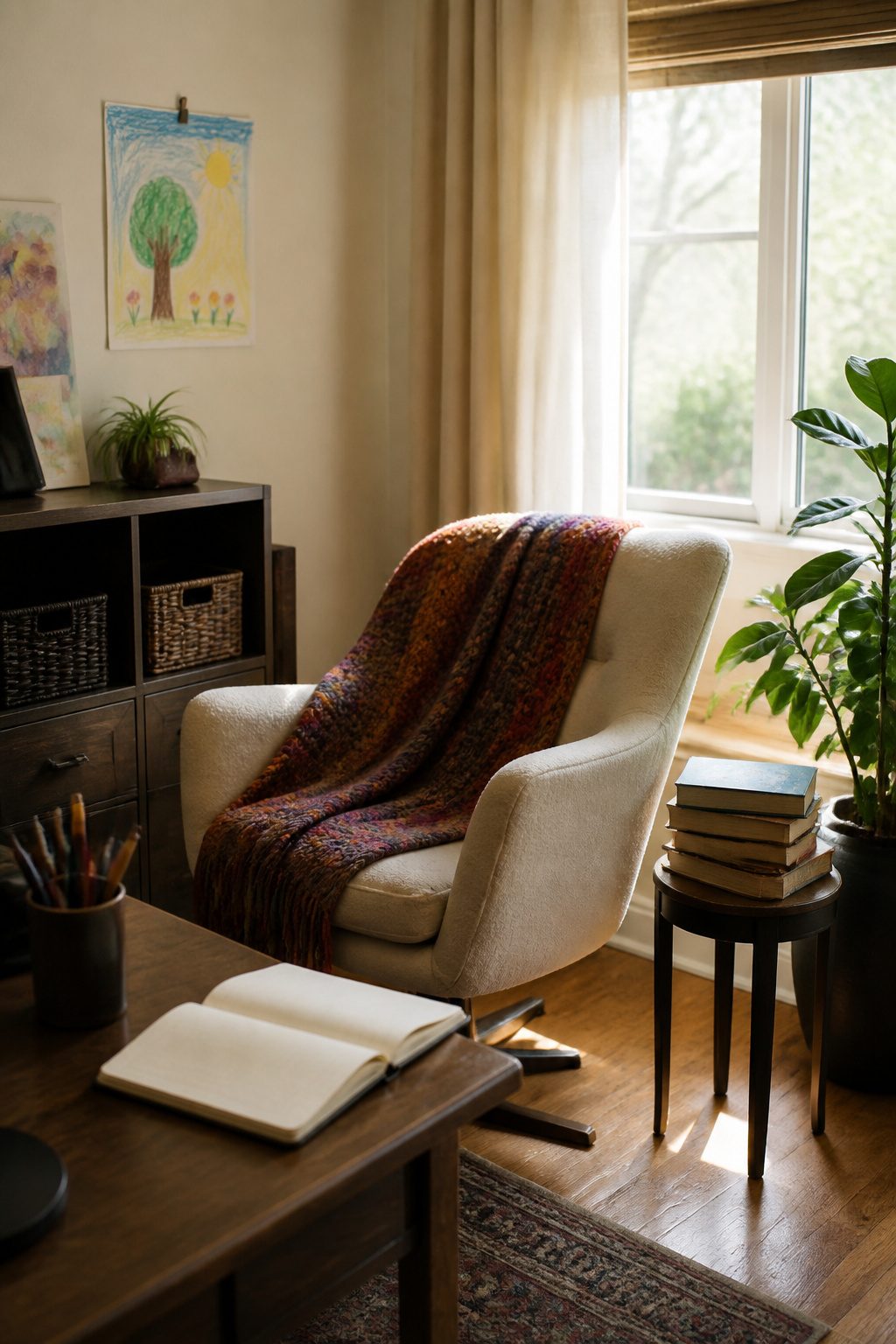 A cozy chair, a stack of books, and a child's drawing on the wall.