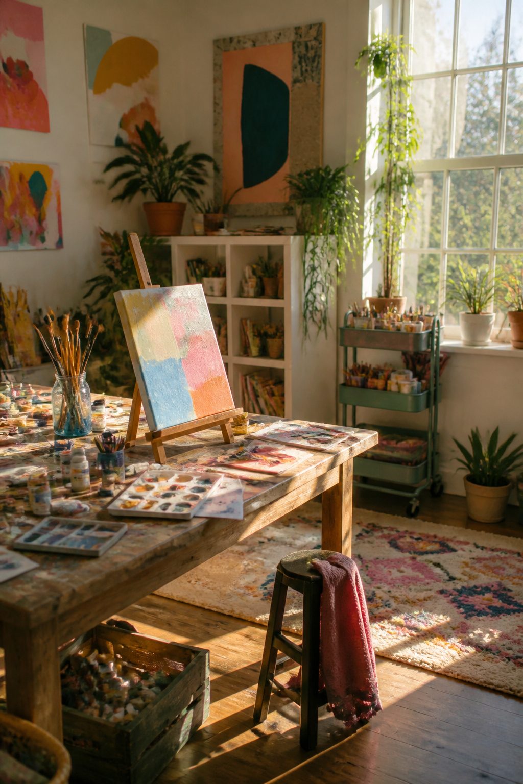 A table filled with art supplies and colorful artwork on the walls.