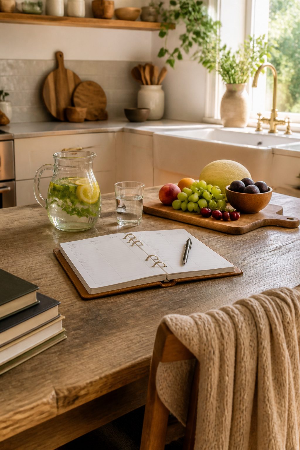 A planner on a kitchen counter next to a pitcher and fresh fruits.