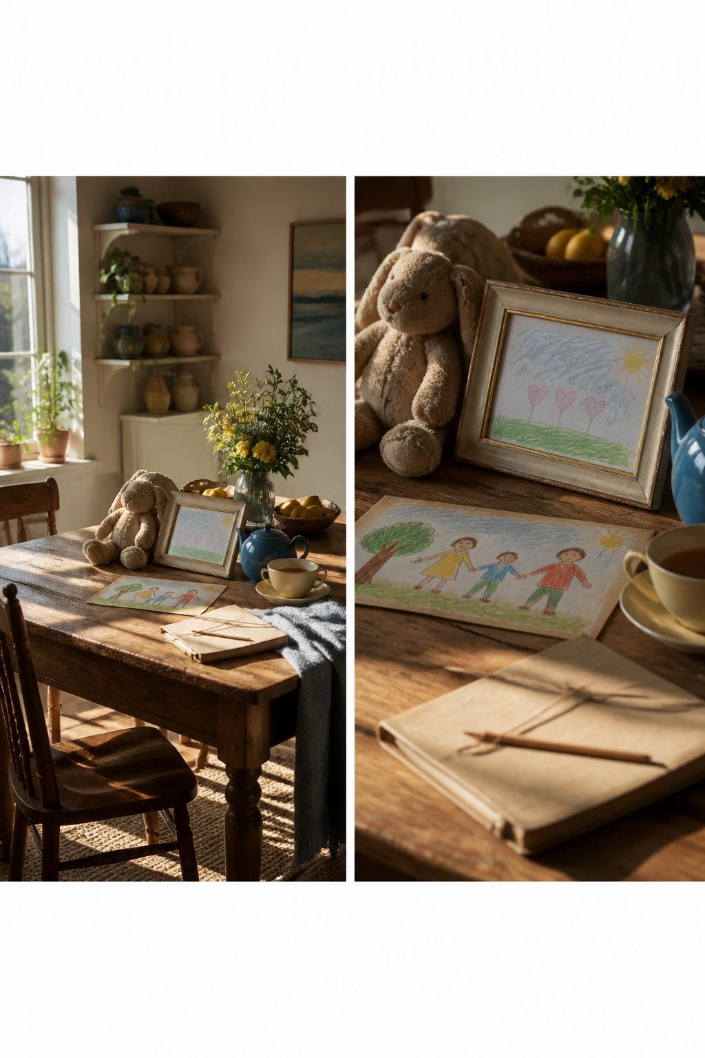 A photo showing dolls on a shelf with a child's drawing nearby.