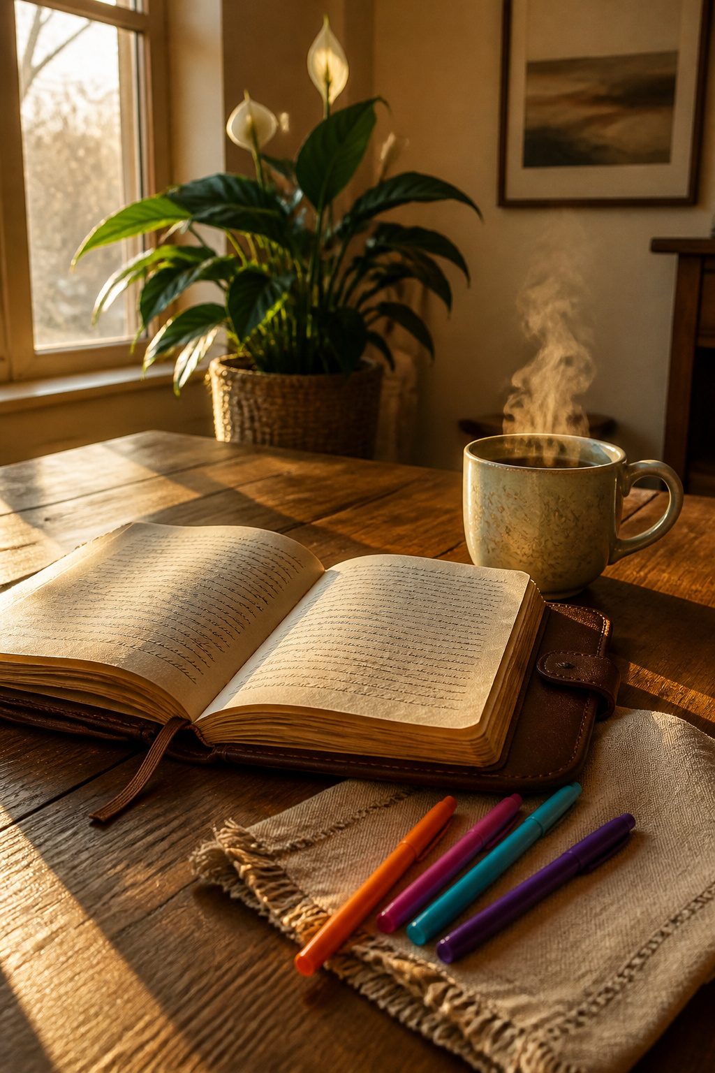An open journal with handwritten notes and a ceramic mug beside it.