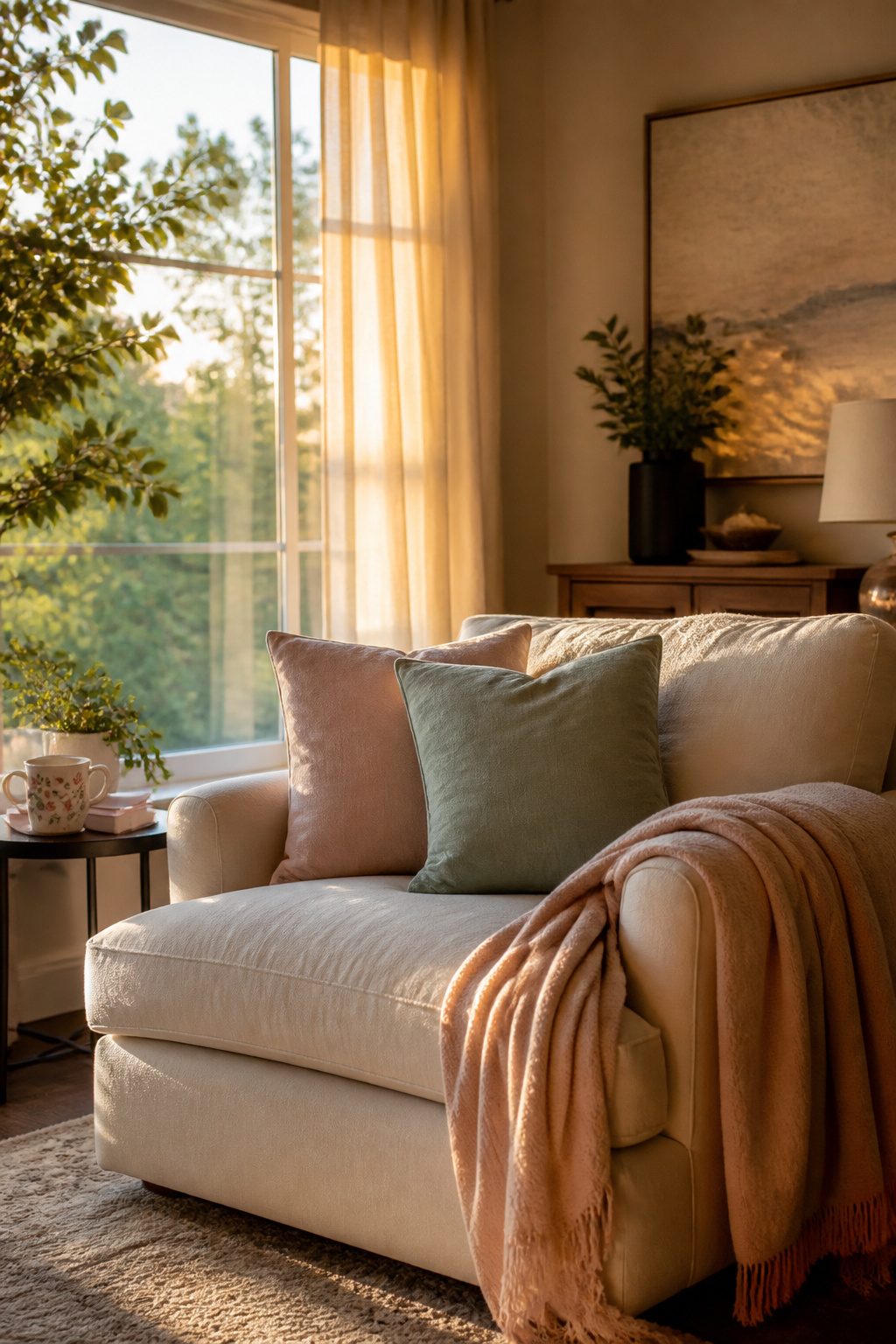 An oversized armchair with pillows, a mug, and self-care books on a table.