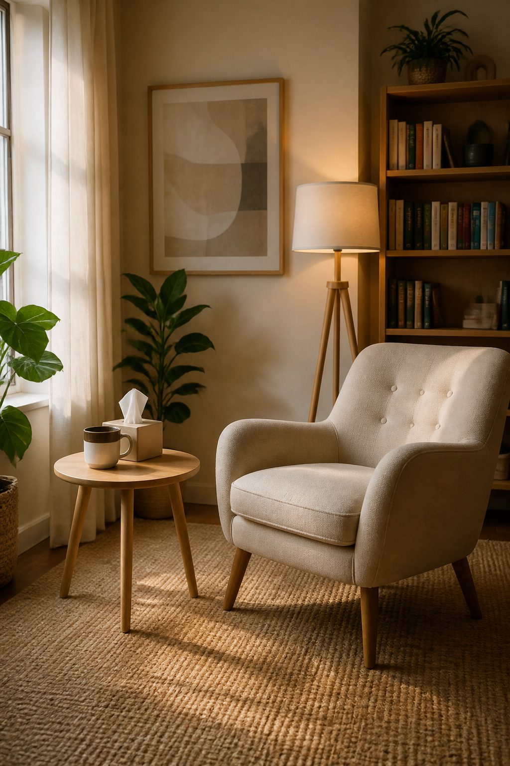 A therapy chair next to soft lighting, books, and a welcoming mug.
