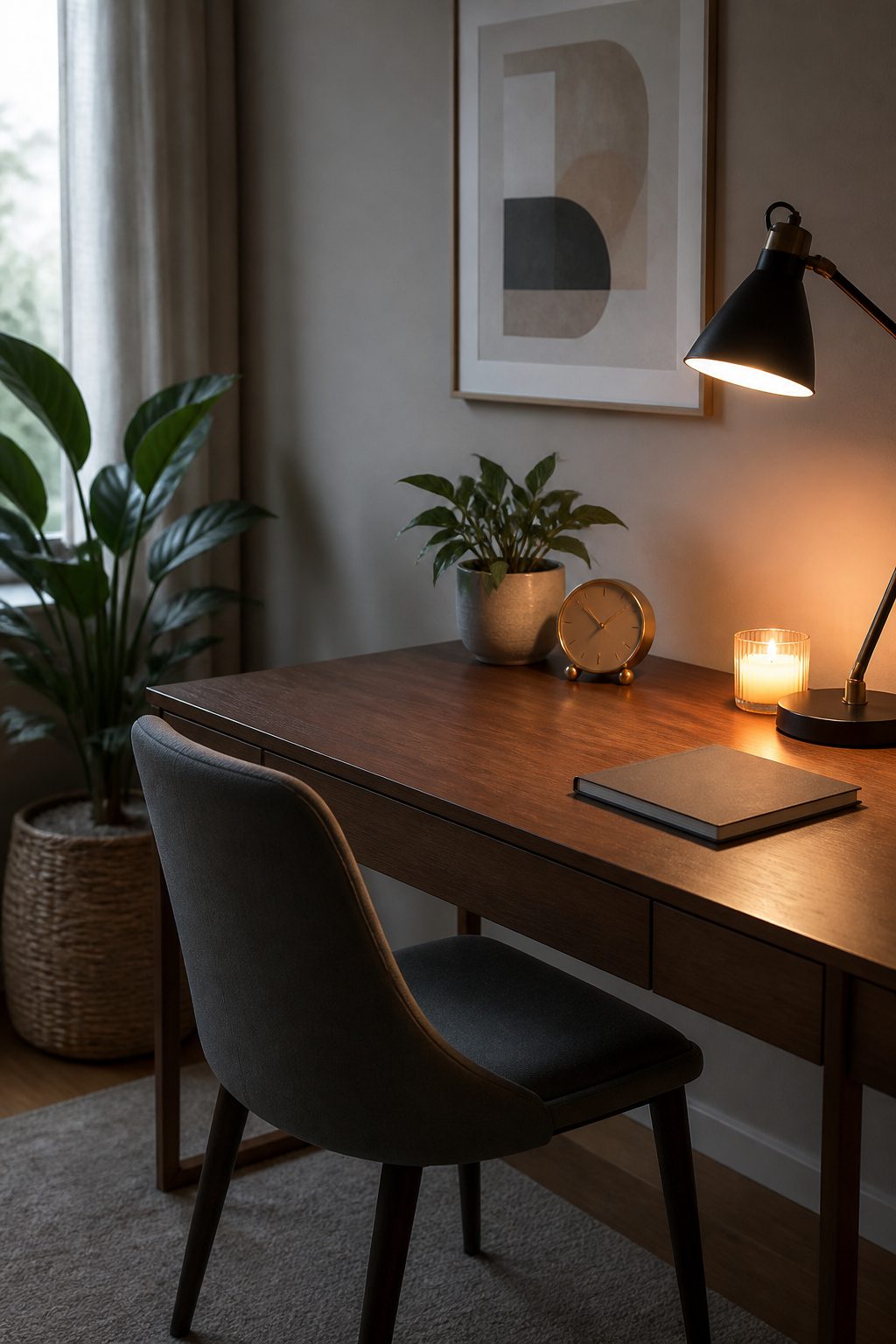 A clear desk with a plant, clock, and a closed notebook for organization.