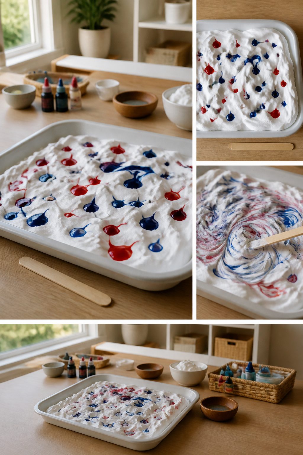 Shaving cream with drops of red and blue food coloring in a tray.