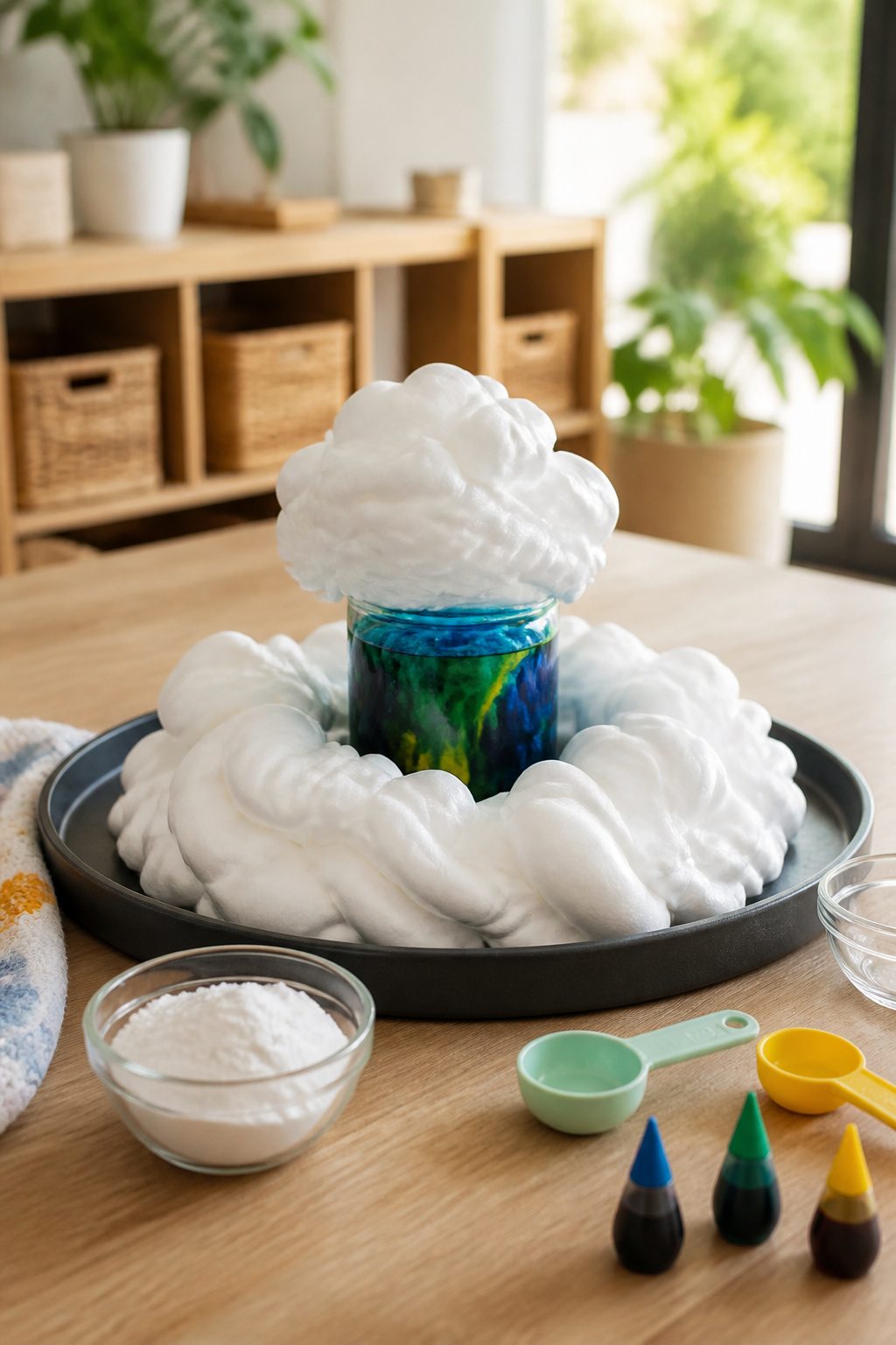 A tray with a jar of vinegar and a dome of shaving cream for a volcano.