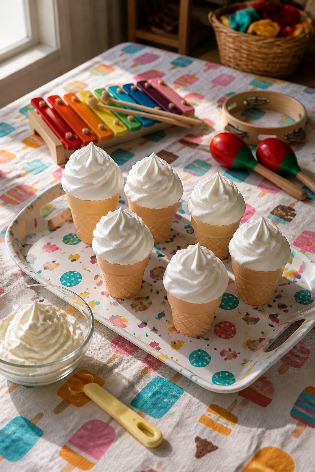 Cheerful paper ice cream cones piped with shaving cream on a serving tray.