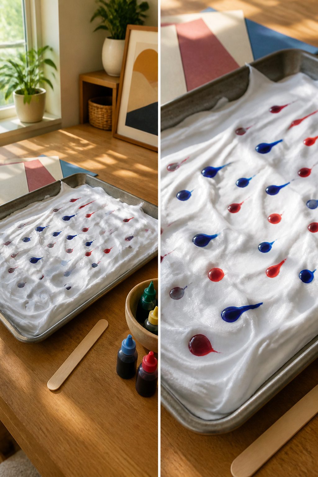 A baking sheet with marbled shaving cream and food coloring for art.