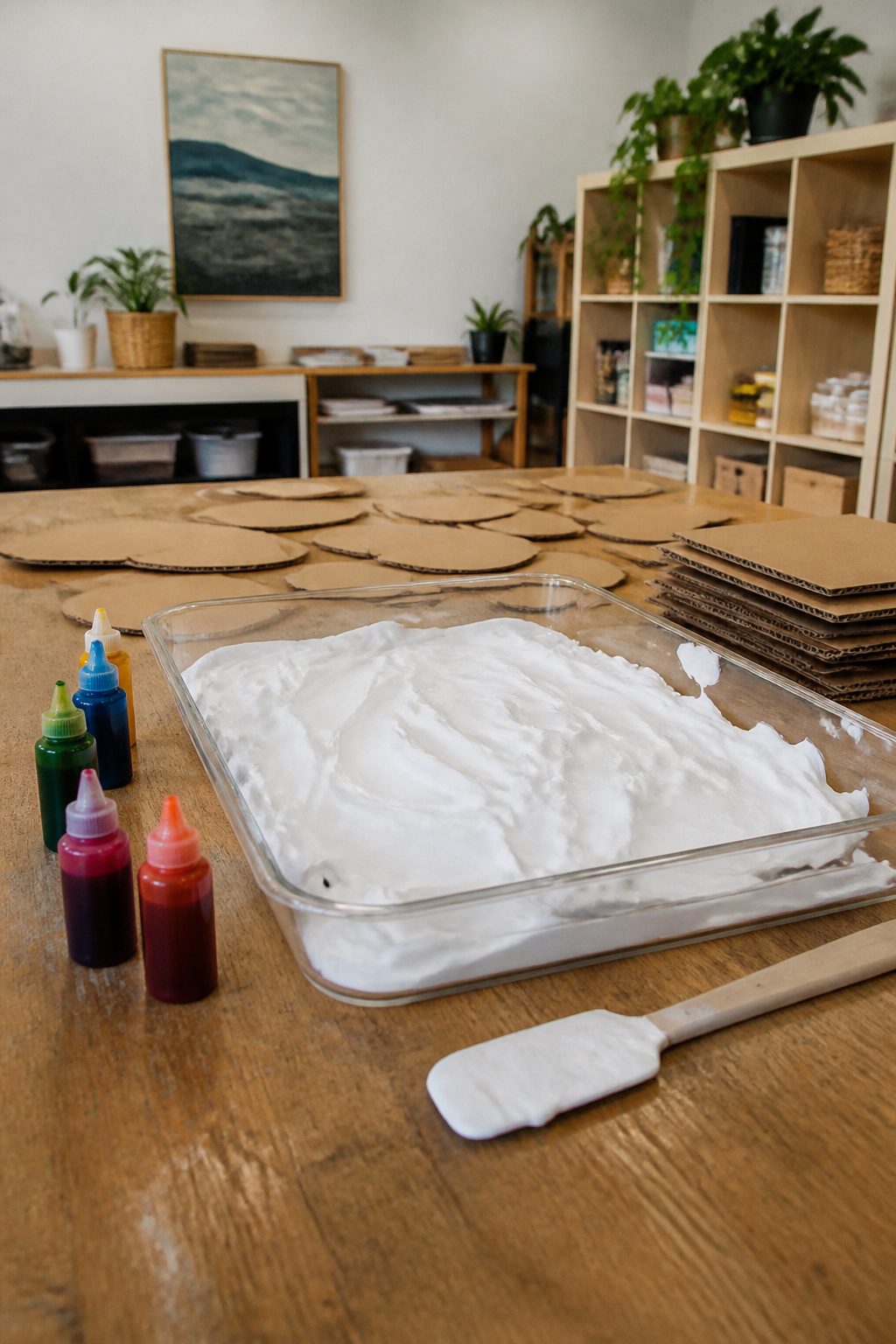 A tray filled with puffy paint made from shaving cream and school glue.
