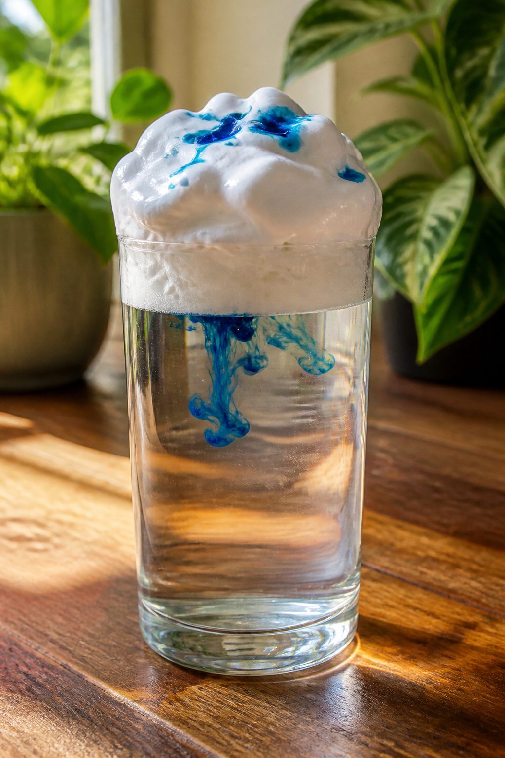 A glass filled with water and topped with shaving cream and blue dye.
