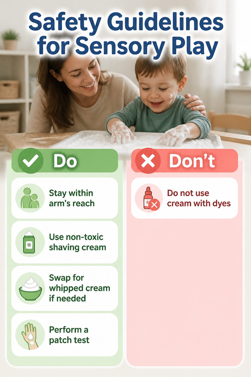 Information image detailing safety guidelines for shaving cream sensory play.
