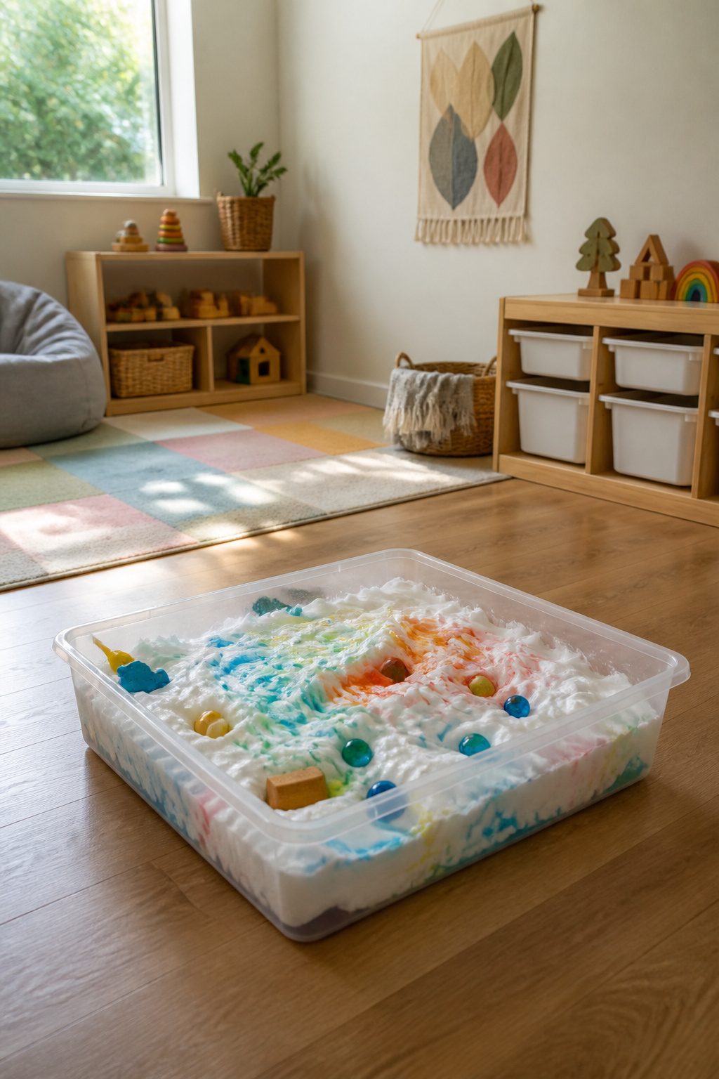 A plastic sensory bin with shaving cream and small toys for play.