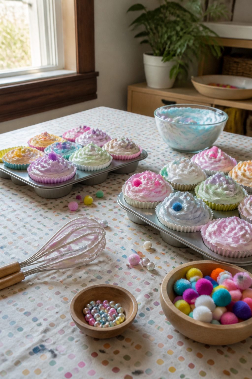 Disposable cupcake pans filled with shaving cream and colorful baking cups.