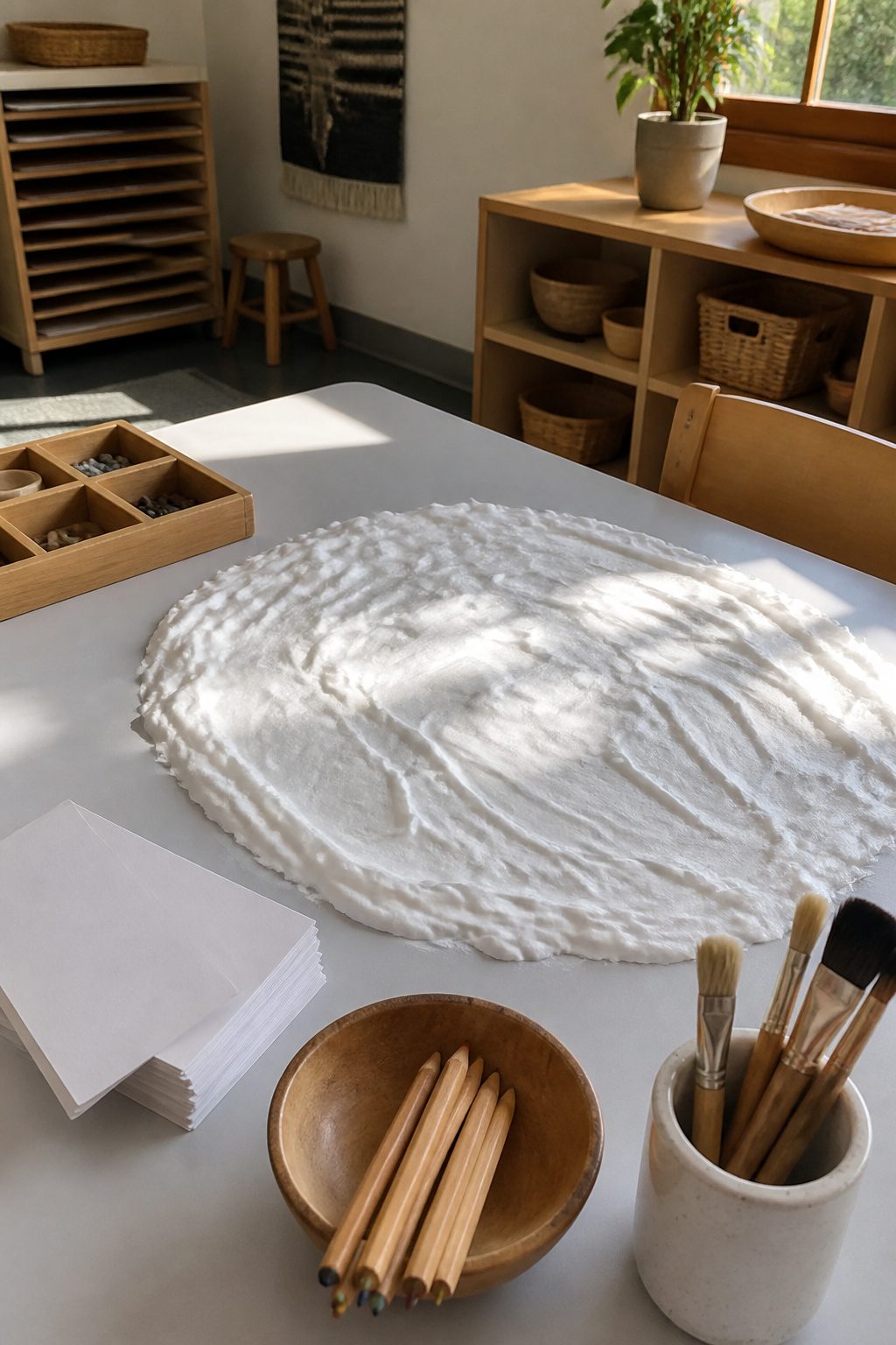Shaving cream spread on a surface with index cards for letter tracing.
