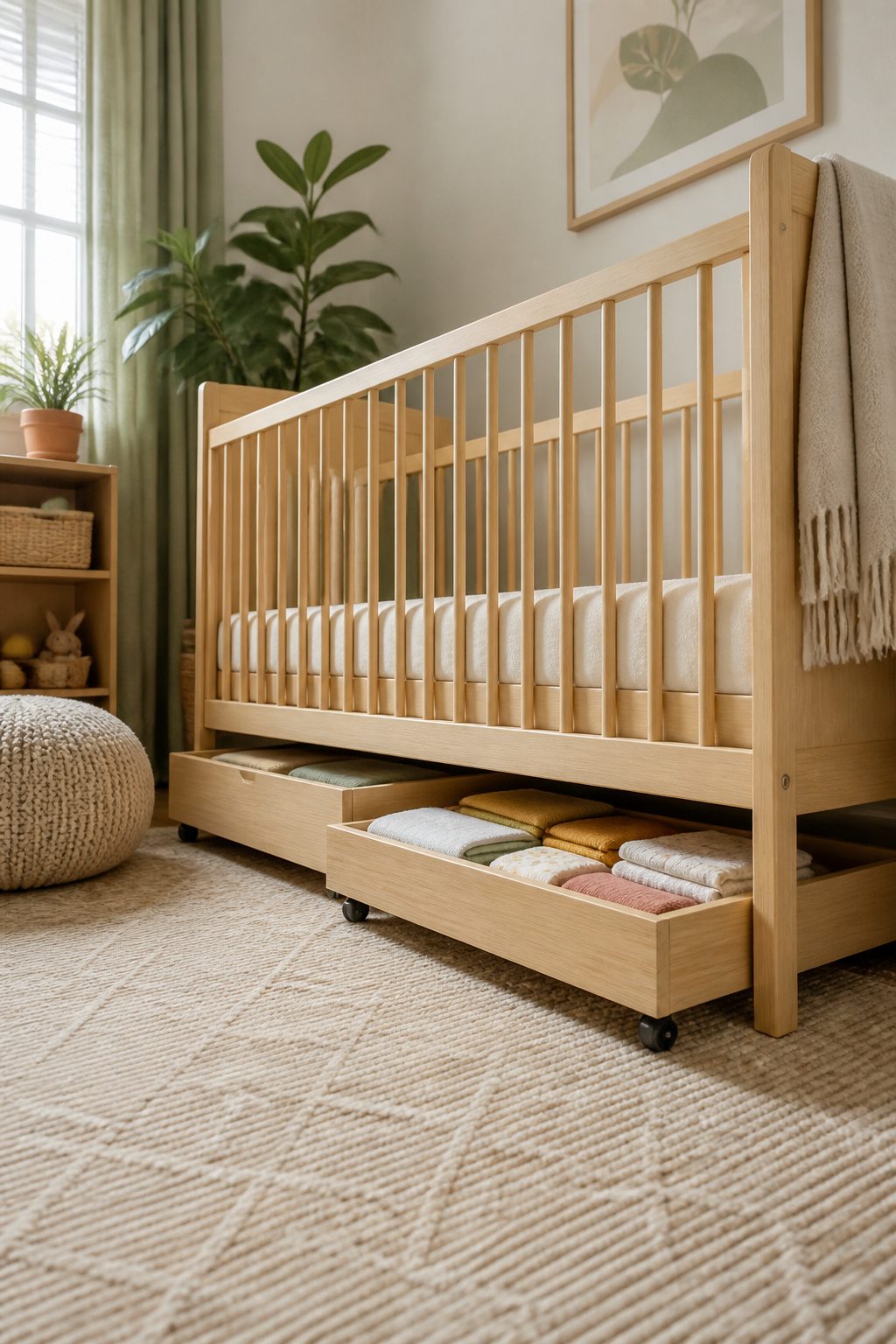 10 Small Nursery Ideas That Save Space in 2026 9 Flat drawers on casters stored under a crib in a nursery.