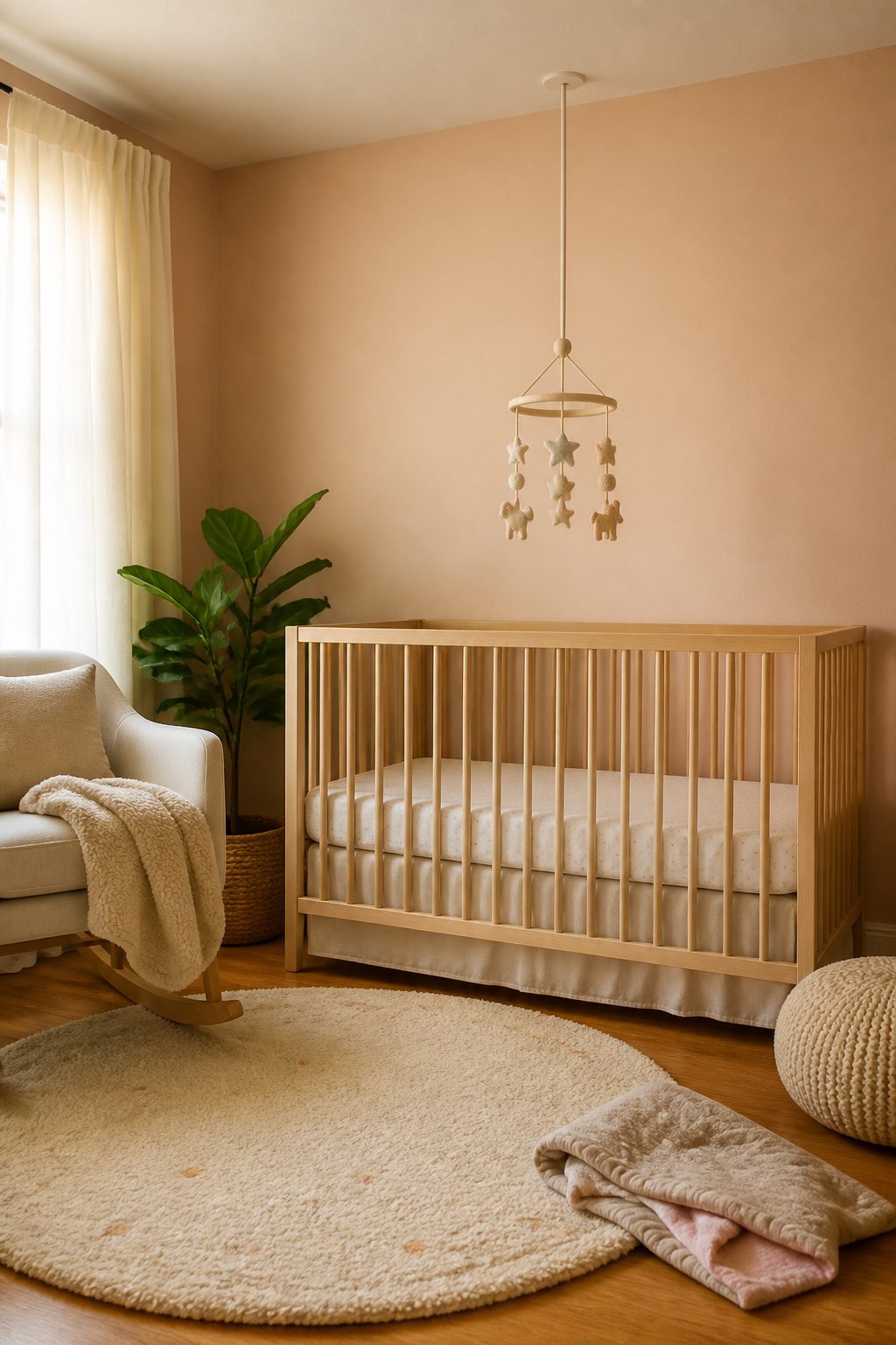 10 Small Nursery Ideas That Save Space in 2026 6 A mobile positioned above a crib in a nursery with pastel walls.