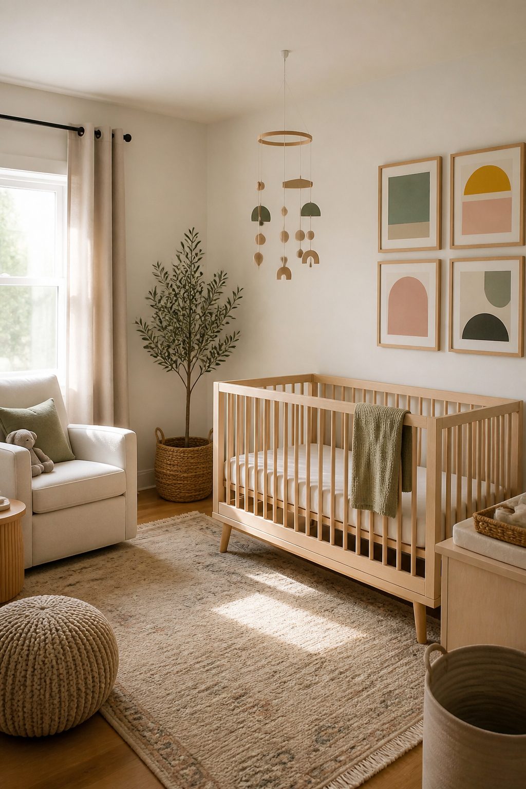 10 Small Nursery Ideas That Save Space in 2026 13 A mobile and colorful wall art displayed in a nursery.