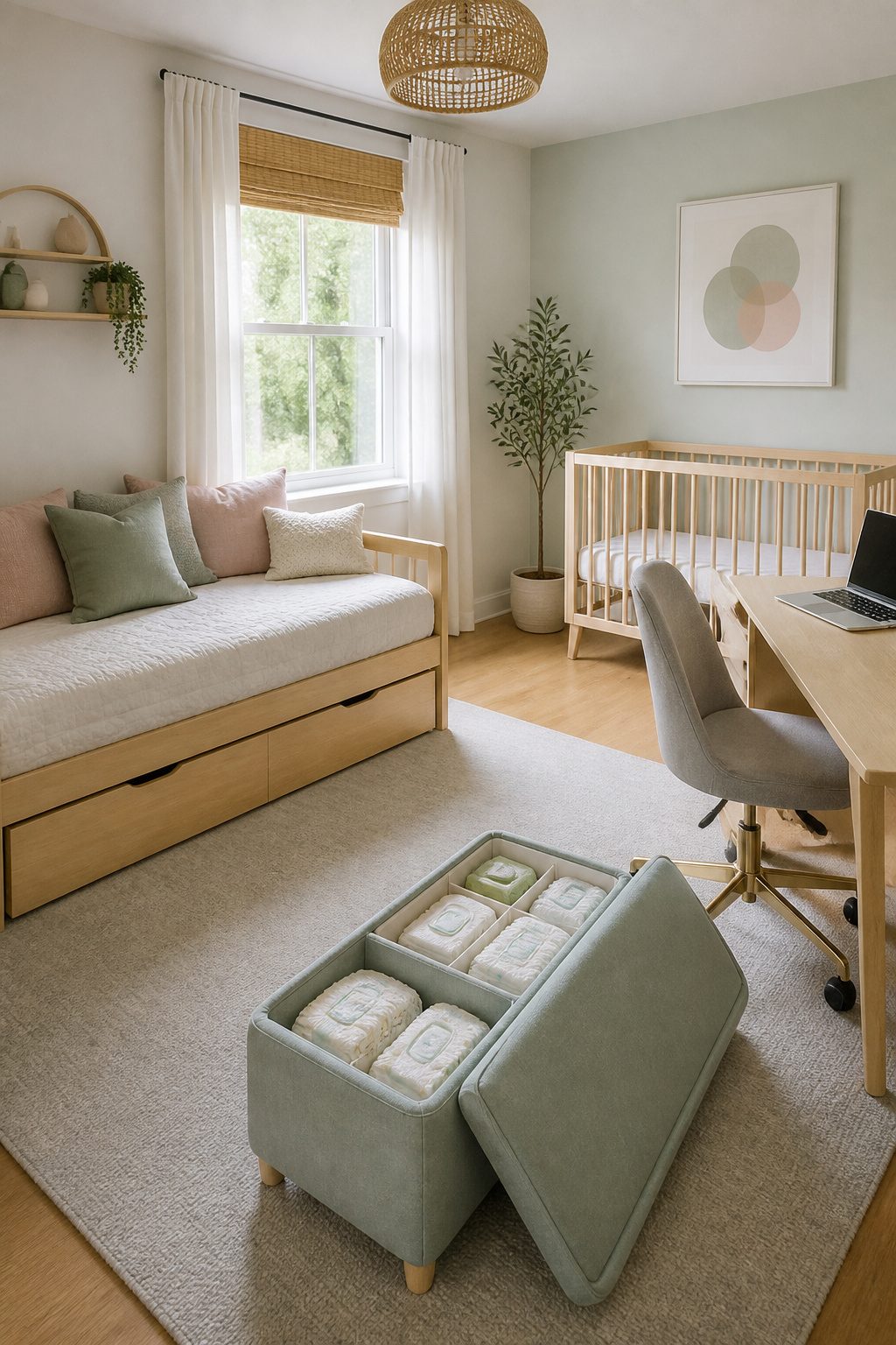 10 Small Nursery Ideas That Save Space in 2026 2 A daybed with cushions and a desk in a nursery-office hybrid.