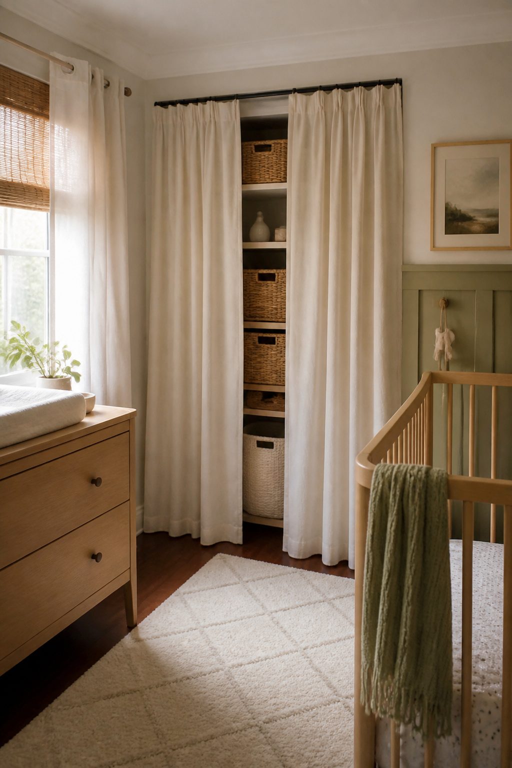 10 Small Nursery Ideas That Save Space in 2026 8 Medium-weight cotton curtains draping over a closet in a nursery.