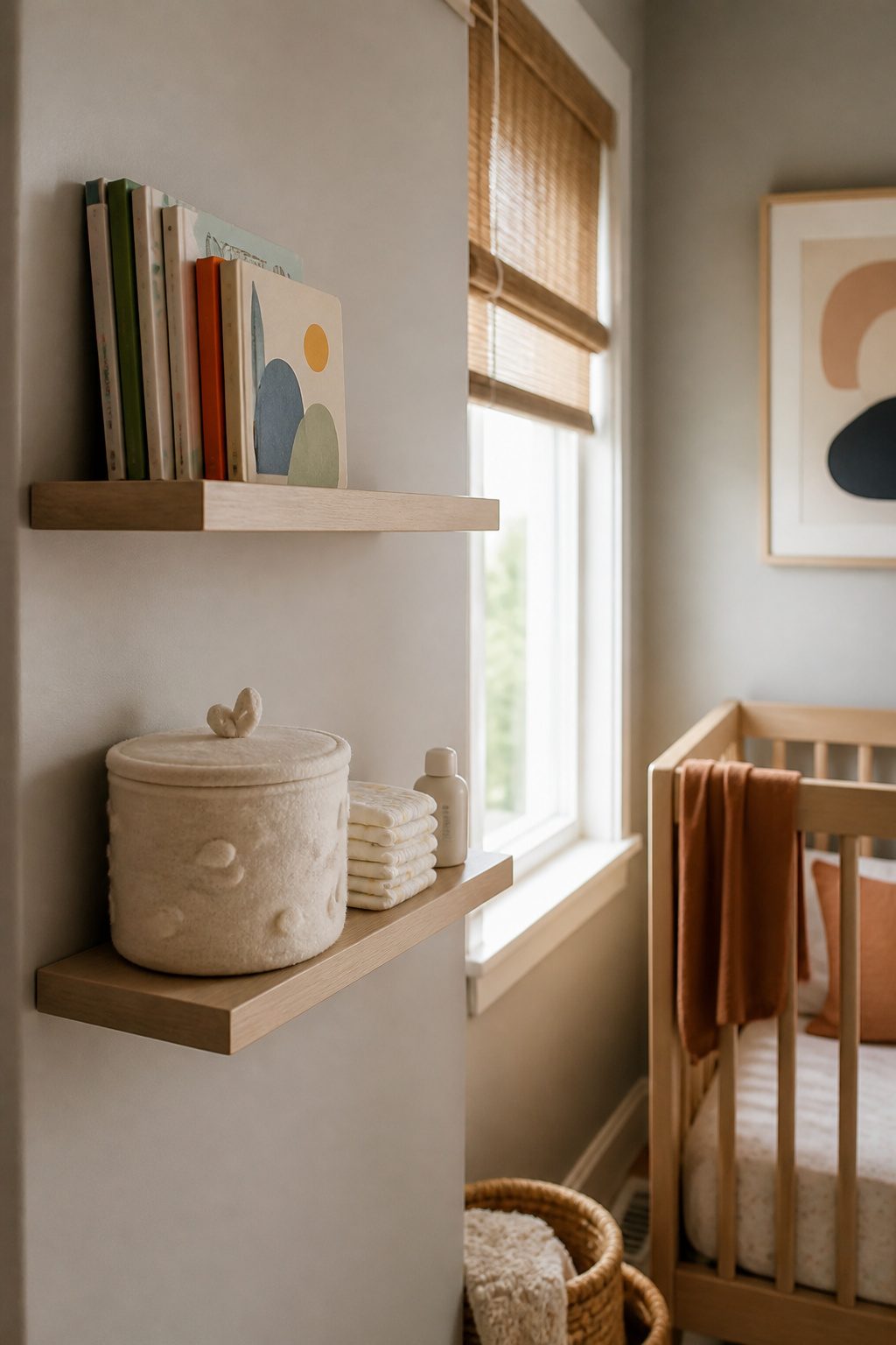 10 Small Nursery Ideas That Save Space in 2026 10 Two floating shelves in a nursery holding lightweight items.