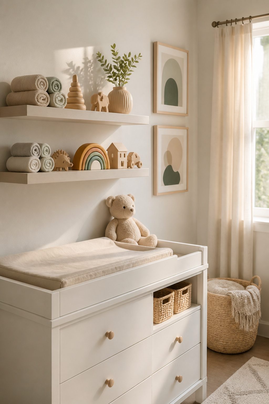 10 Small Nursery Ideas That Save Space in 2026 4 Floating shelves displaying small toys and swaddles in a nursery.