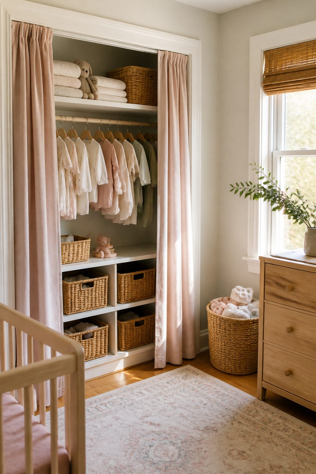 10 Small Nursery Ideas That Save Space in 2026 5 A closet with curtains instead of doors in a small nursery.