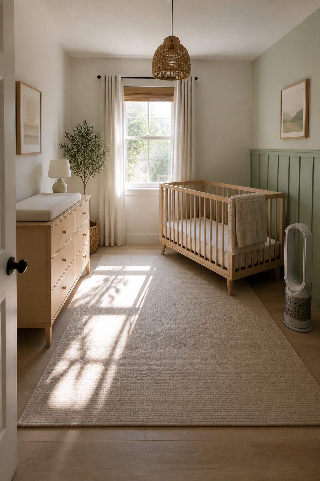 10 Small Nursery Ideas That Save Space in 2026 7 A crib placed in the corner of a nursery with a fan nearby.