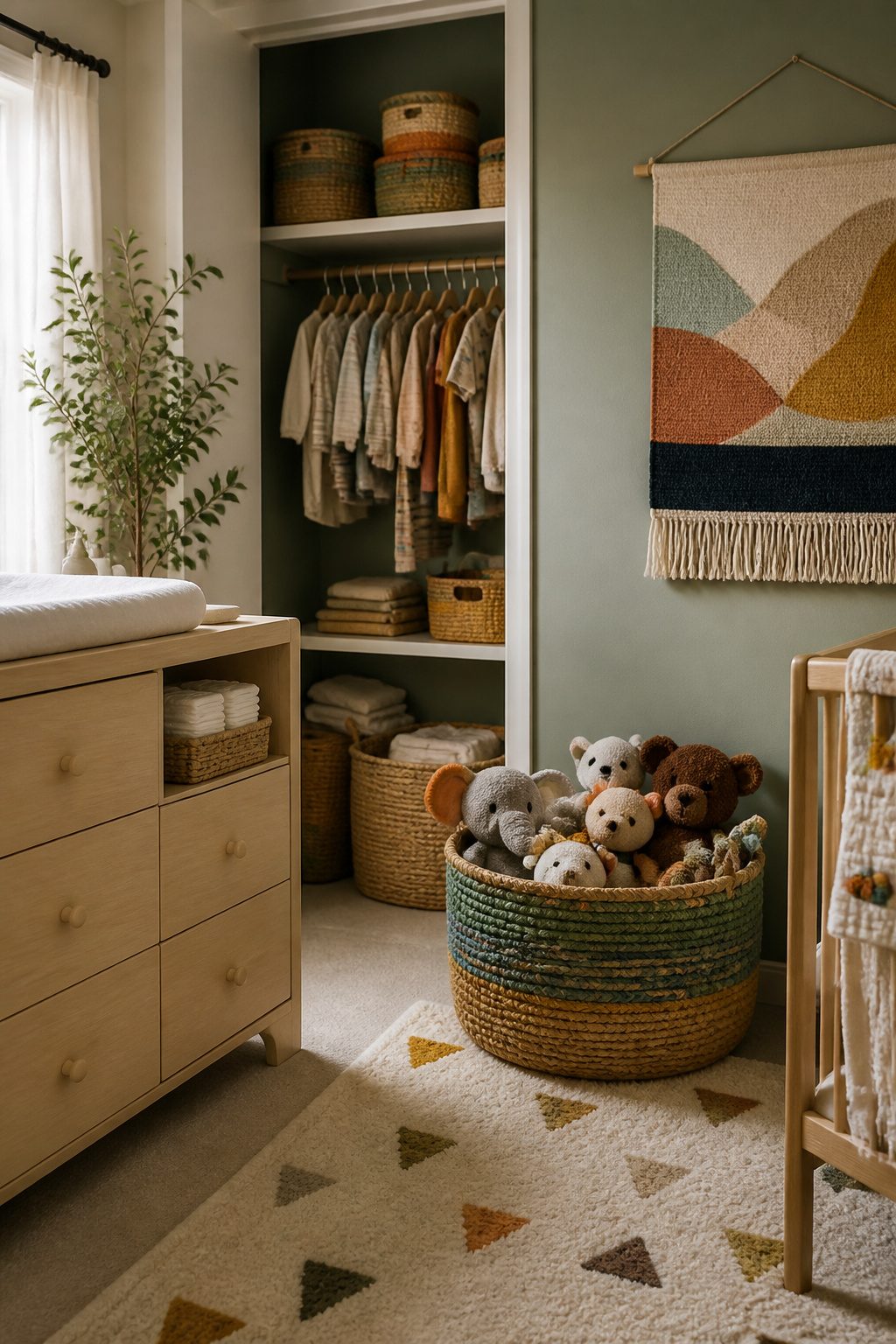 10 Small Nursery Ideas That Save Space in 2026 3 Colorful woven baskets arranged around a changing table in a nursery.